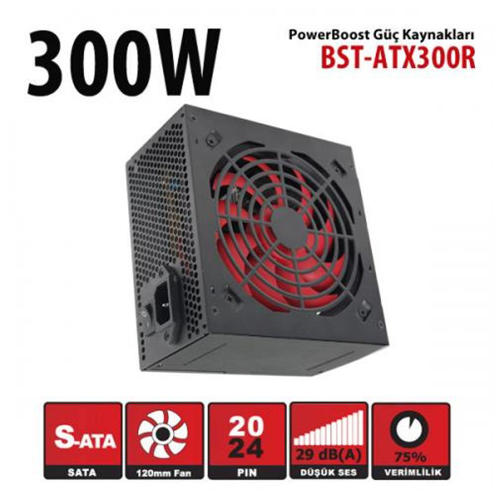 PowerBoost BST-ATX300R 300w, PPFC 12cm Kırmızı Fanlı ATX PSU (Ret