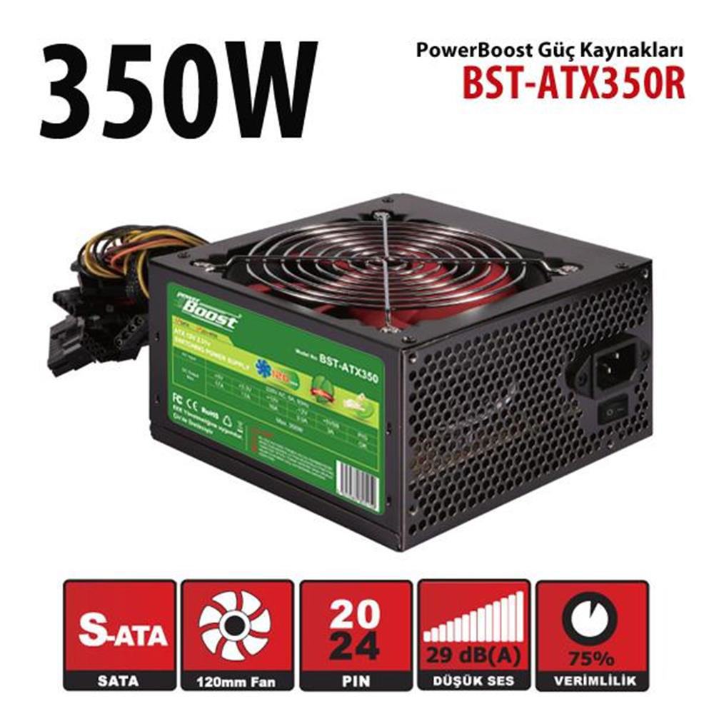 PowerBoost BST-ATX350R 350w, PPFC 12cm Kırmızı Fanlı ATX PSU (Ret