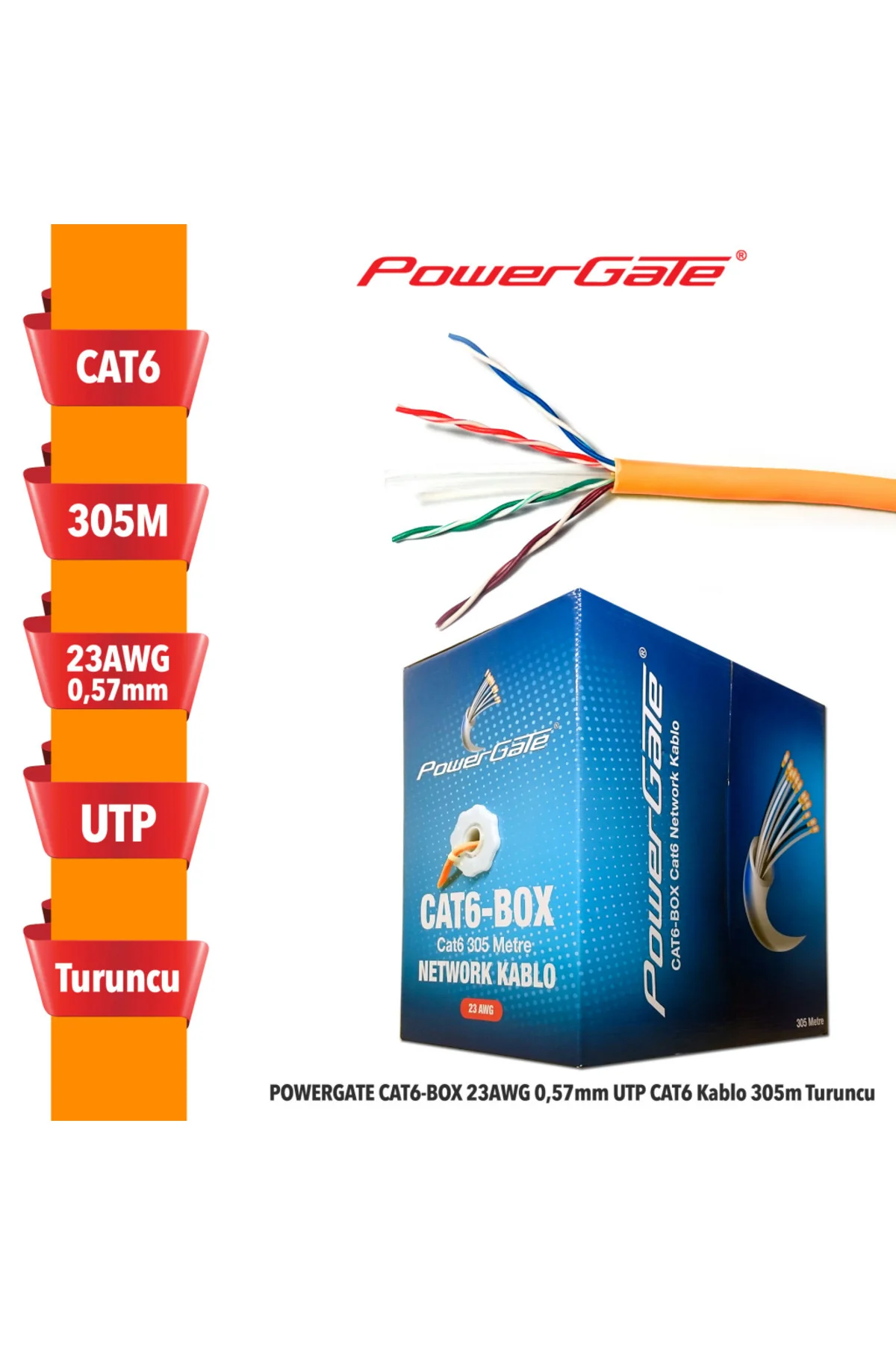 POWERGATE CAT6-BOX-OR, 23AWG, 0,57mm, UTP, CAT6 Kablo, 305m, Turu