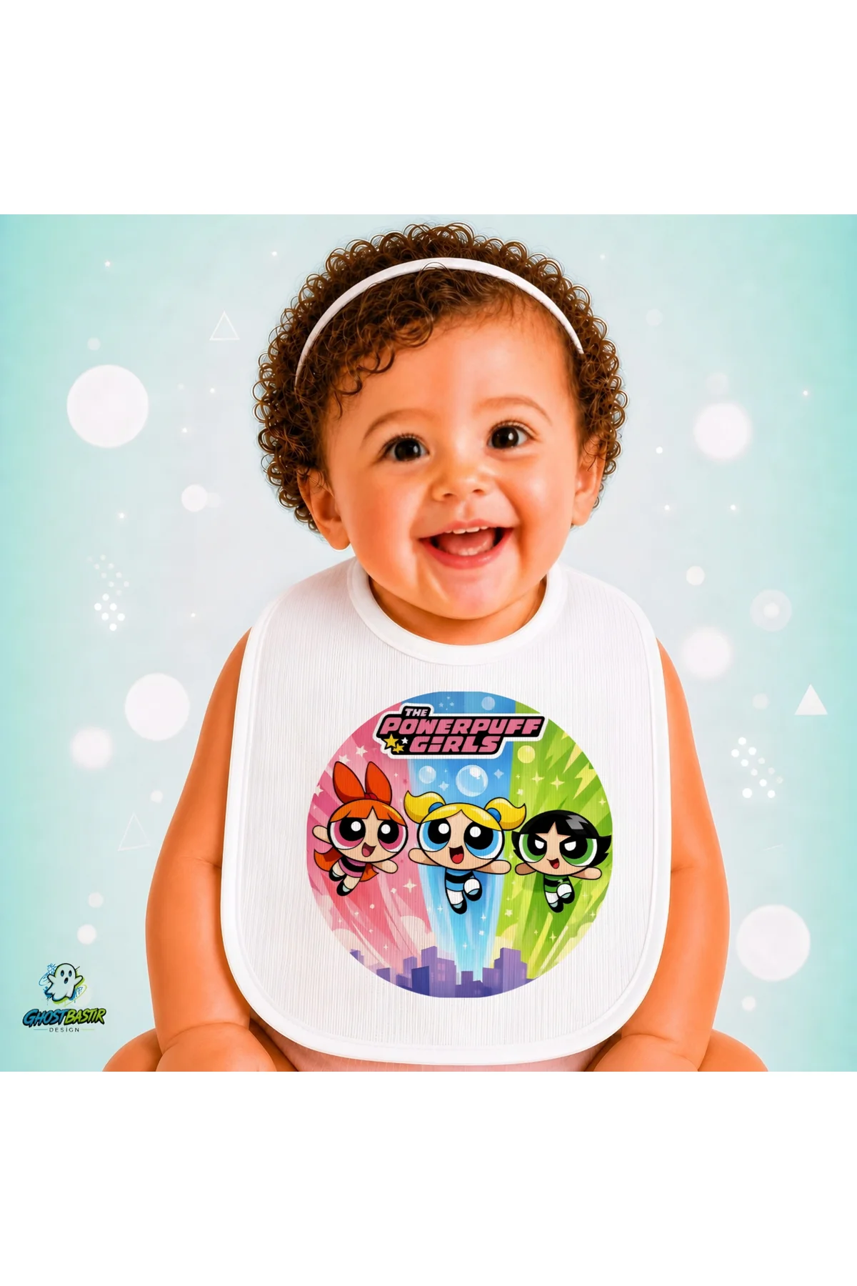 Powerpuff Girls Keten Bebek Mama Önlüğü – Yumuşak, Emici, Yıkanabilir, Özel Tasarım P163
