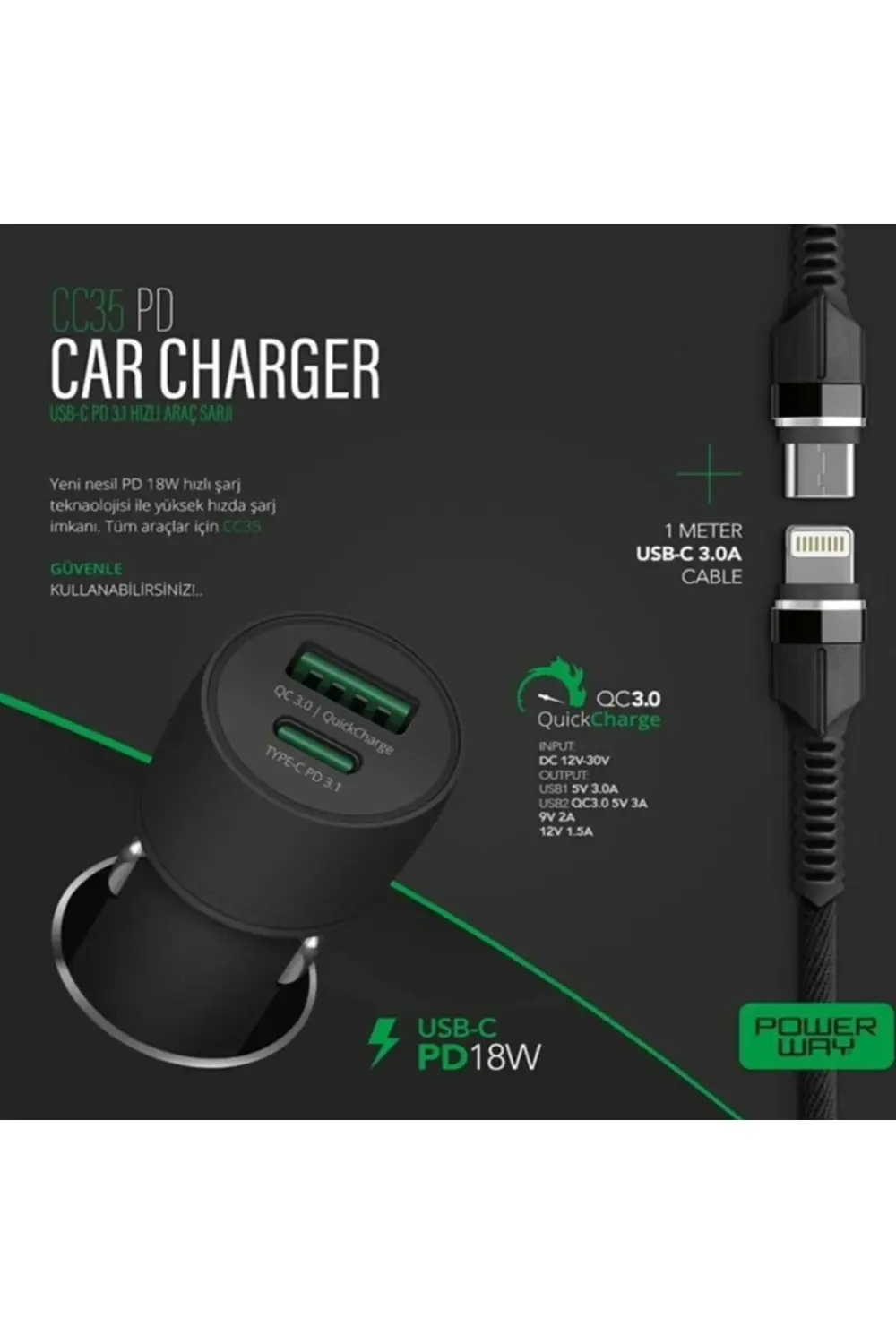Powerway Cc35 Yeni Nesil Usb-c (ıphone Için To Type-c) Araç Şarj