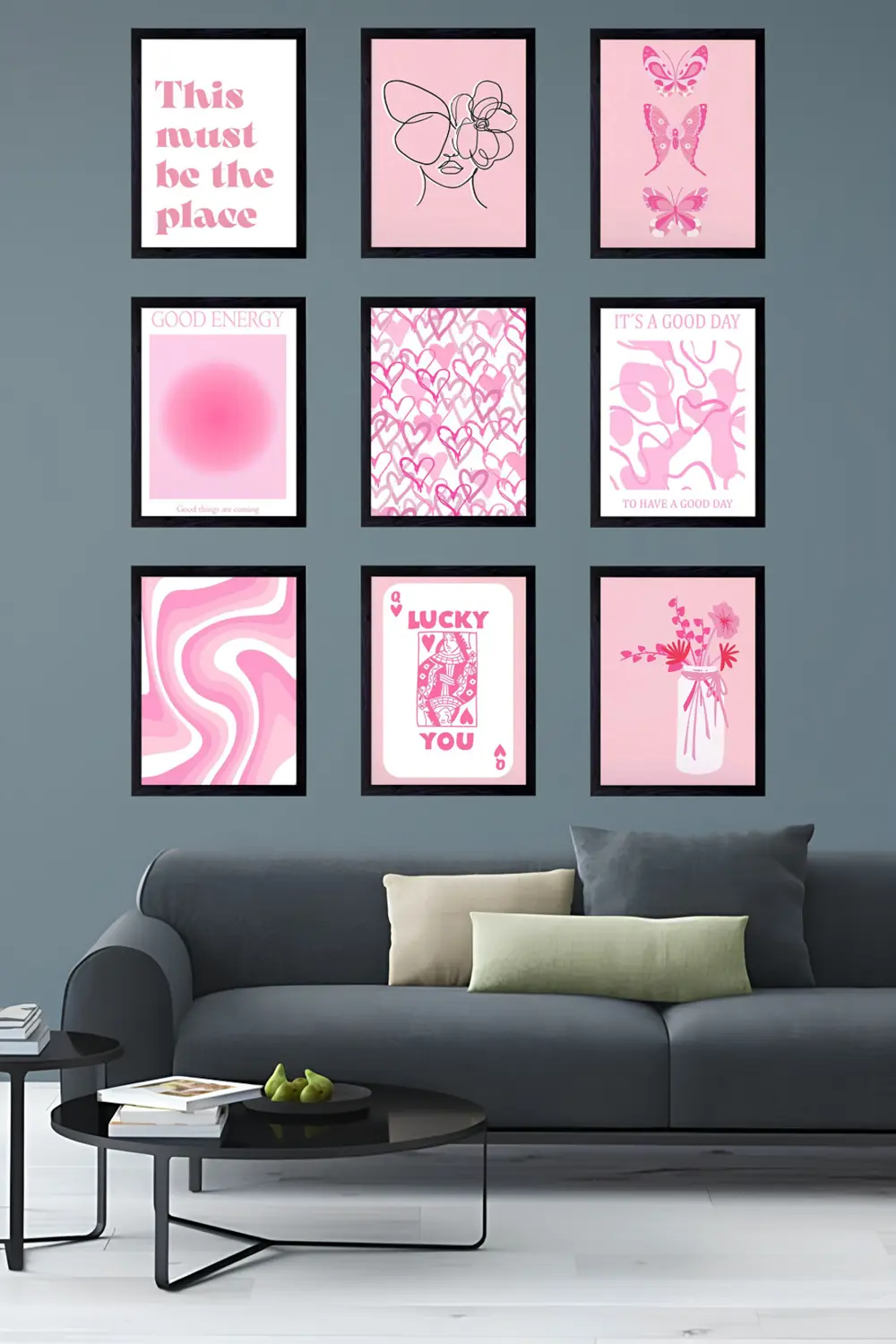 Pozitif Enerji 9'lu Pembe Duvar Dekoru Çerçeve Görünümlü Modern M