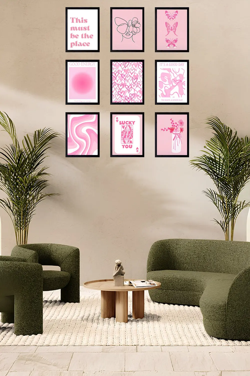 Pozitif Enerji 9'lu Pembe Duvar Dekoru Çerçeve Görünümlü Modern M