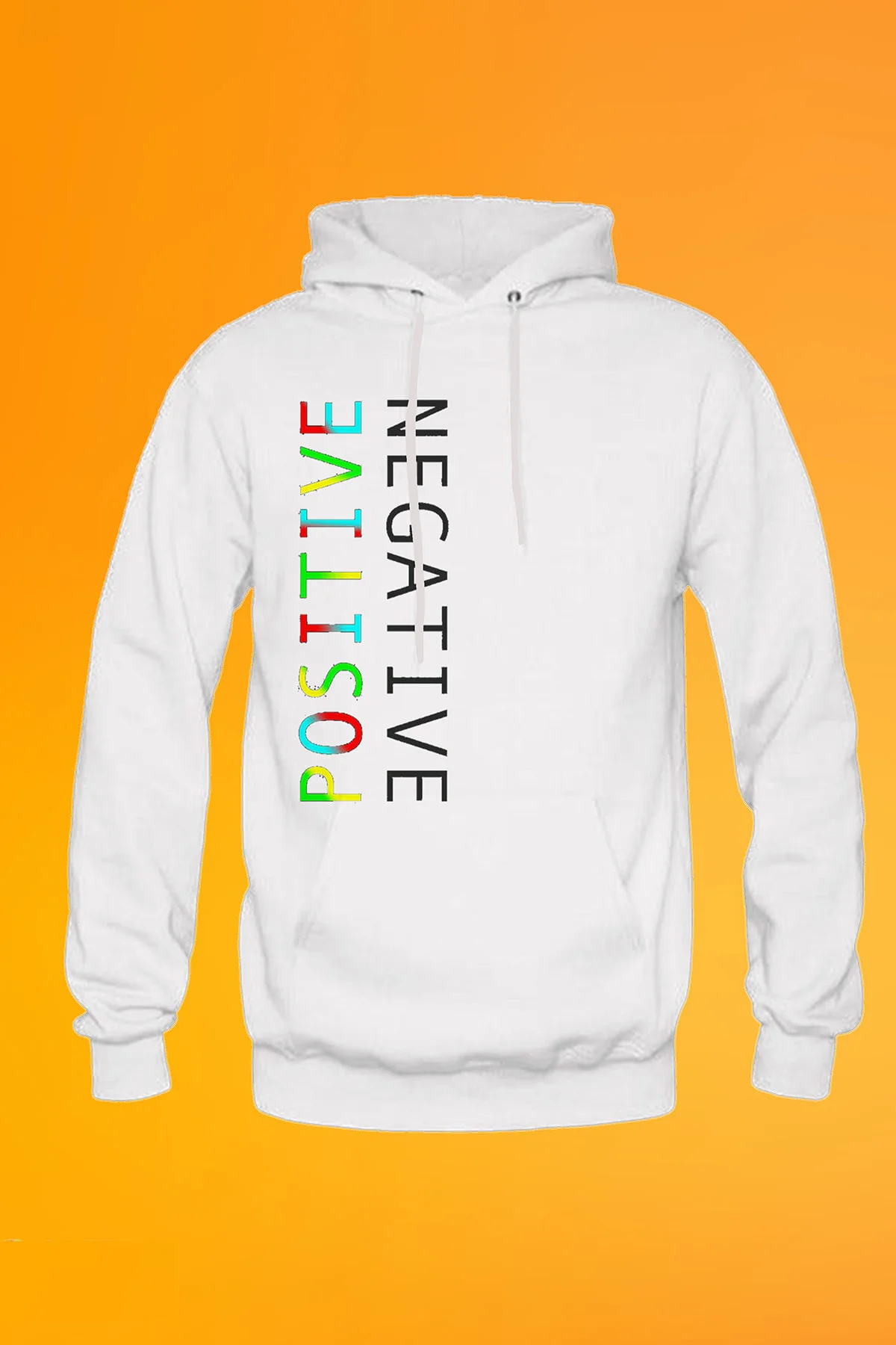 Pozitif Negatif Baskılı Beyaz Unisex Kanguru Cep Kapüşonlu Sweatshirt