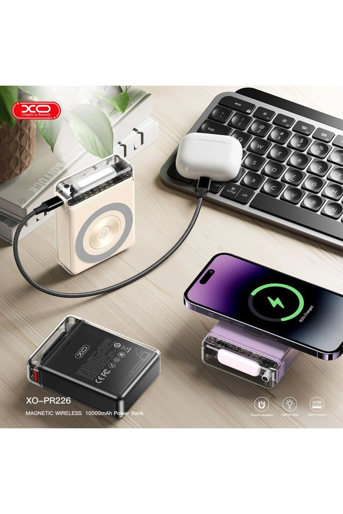 PR226 MagSafe İle Uyumlu Fenerli Powerbank, 10000 mAh Taşınabilir