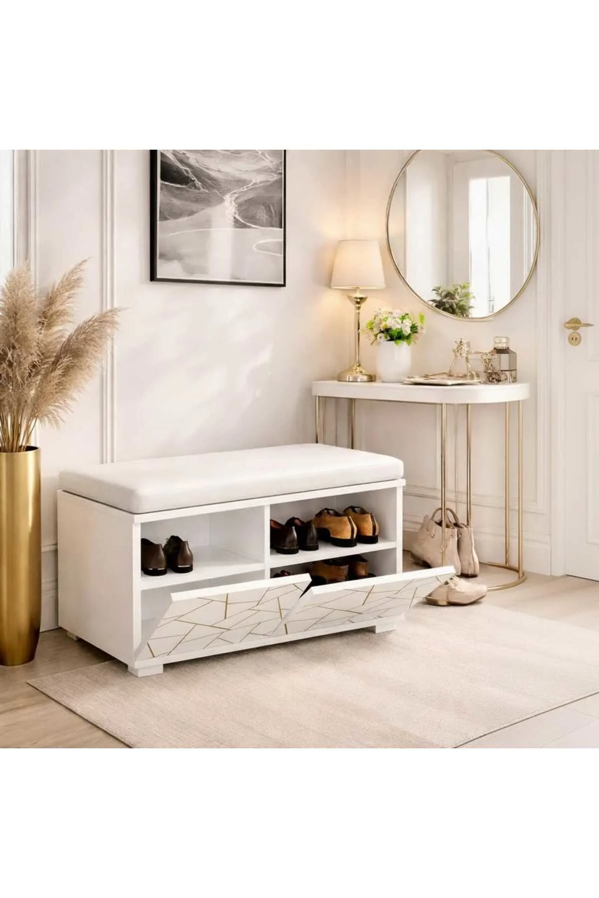 PRATI 80 cm Minderli Oturaklı Ayakkabılık | 2 Kapaklı Beyaz Ayakk