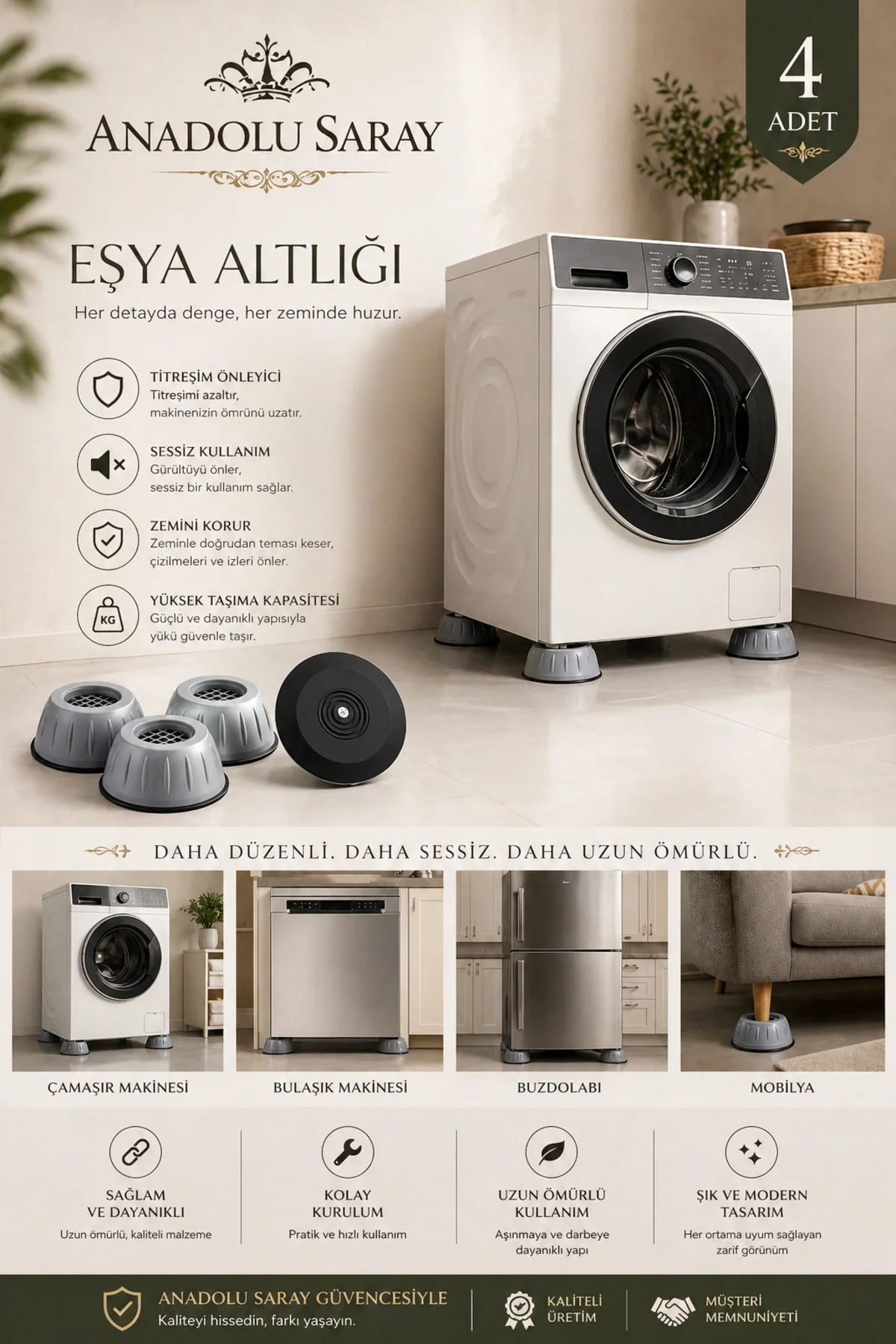 Pratik 4 Adet Eşya Altlığı Çamaşır Bulaşık Makinası Buzdolabı Yük