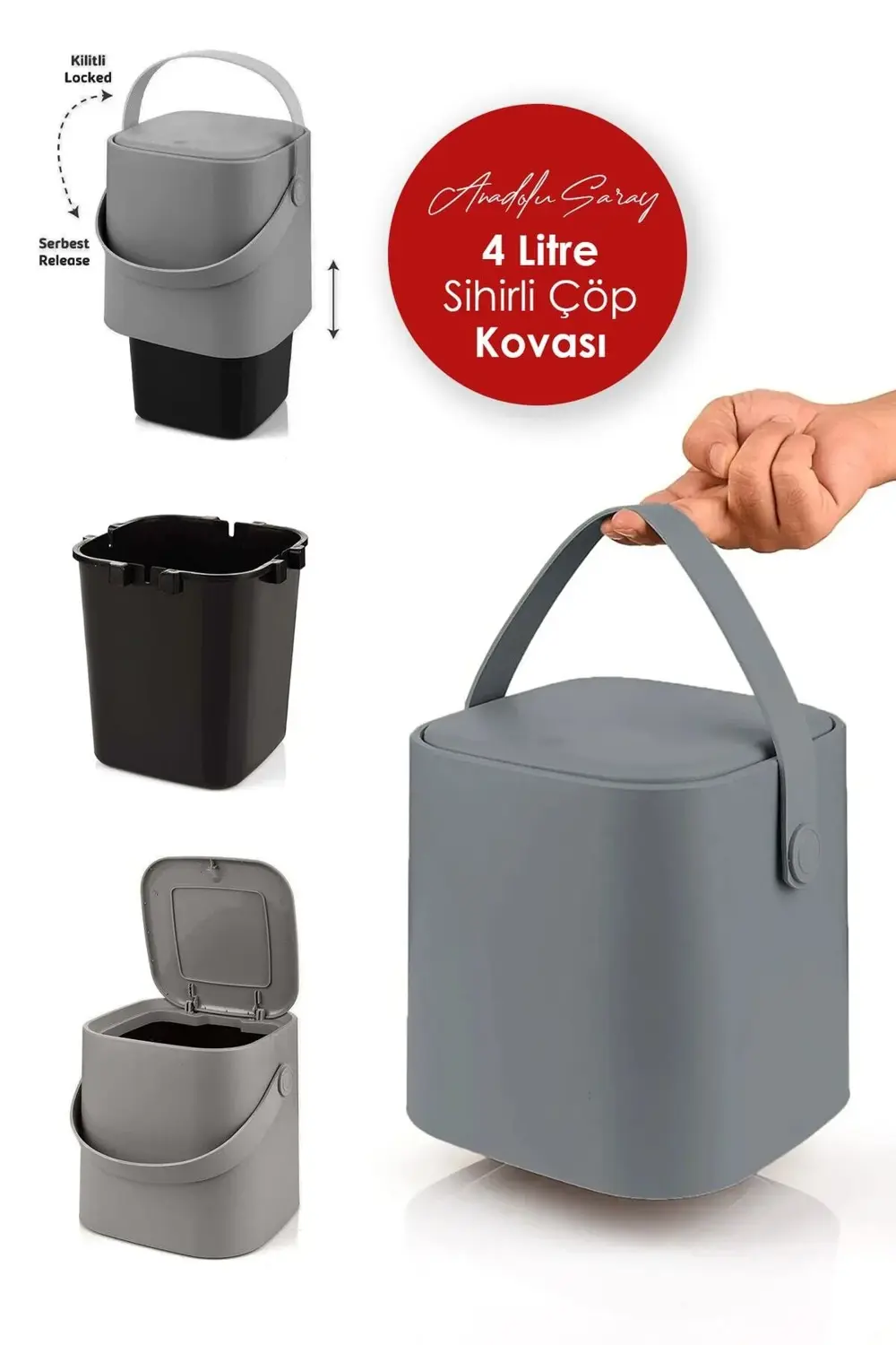 Pratik İç Kovalı Çöp Kovası, 4L, Sık Kullanımlı, Gri Renk