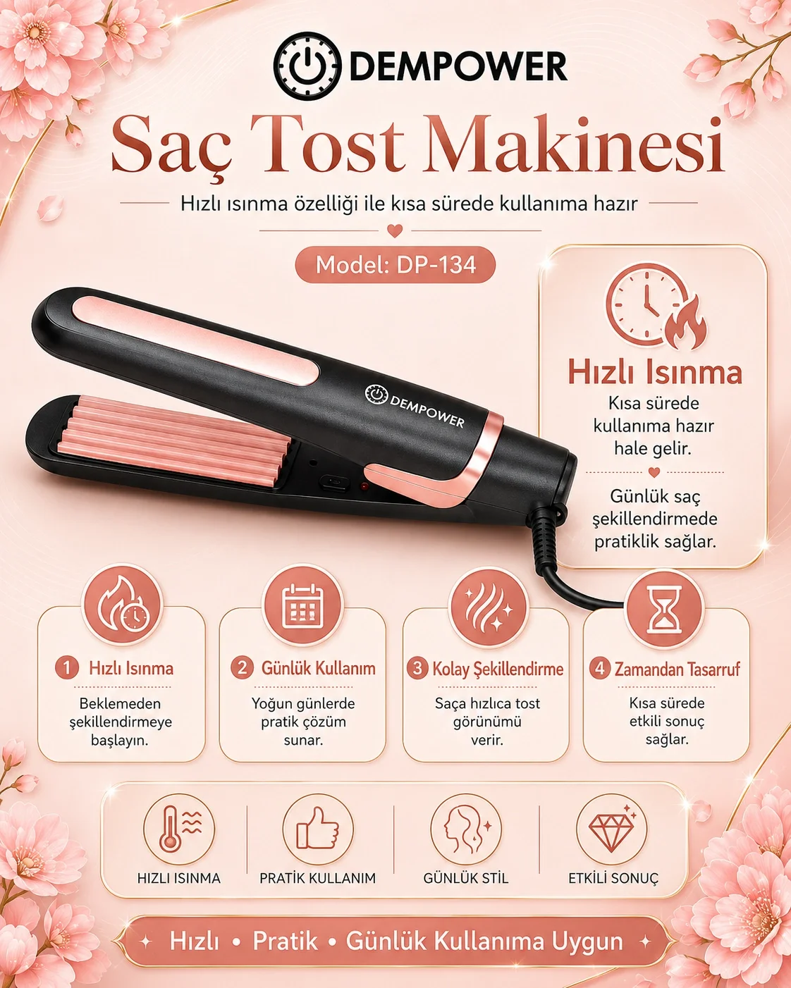 Pratik Kullanımlı Saç Tost Şekillendirici Uzun Süre Kalıcı Haciml