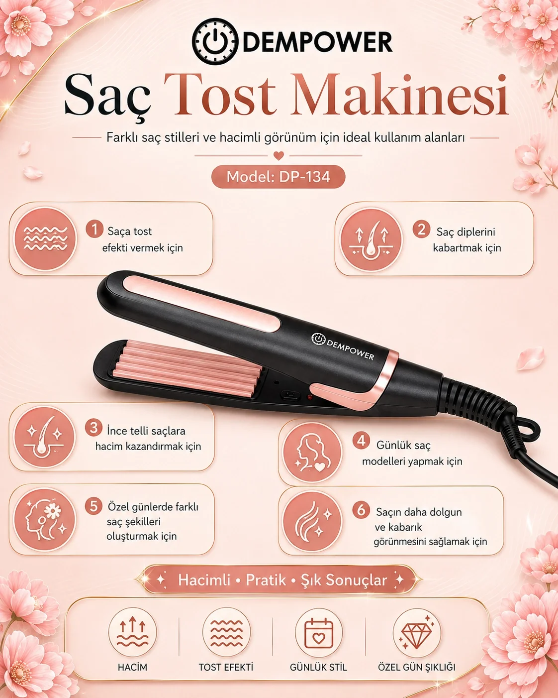 Pratik Kullanımlı Saç Tost Şekillendirici Uzun Süre Kalıcı Haciml