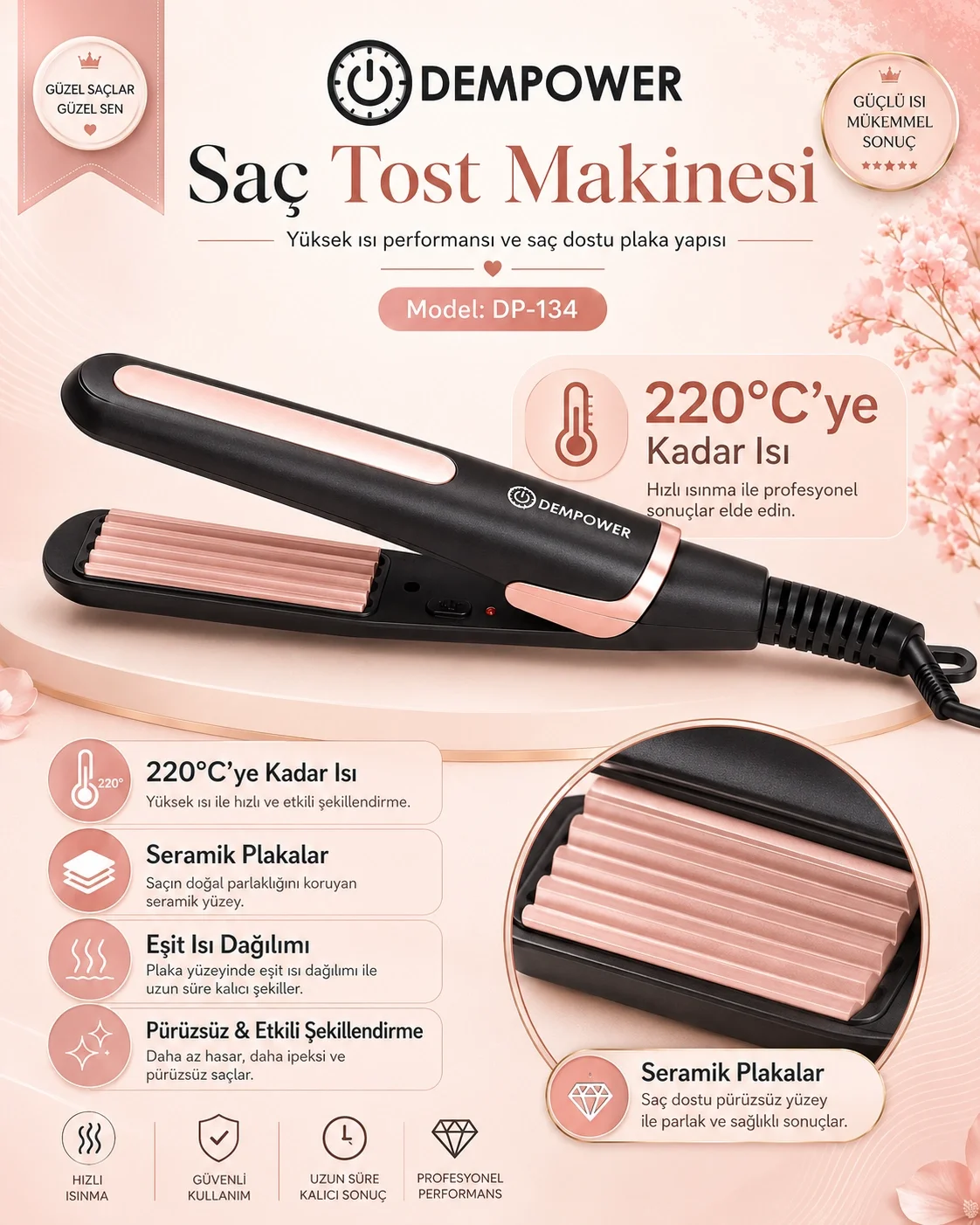 Pratik Kullanımlı Saç Tost Şekillendirici Uzun Süre Kalıcı Haciml