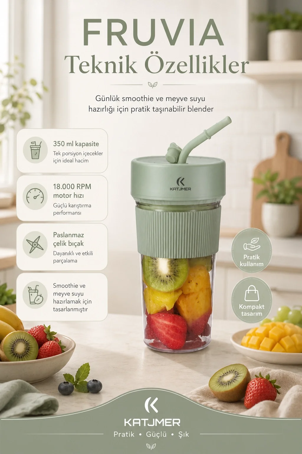 Pratik Kullanımlı Şarjlı Meyve Suyu Blenderı Kapaklı Pipetli Smoothie Hazneli