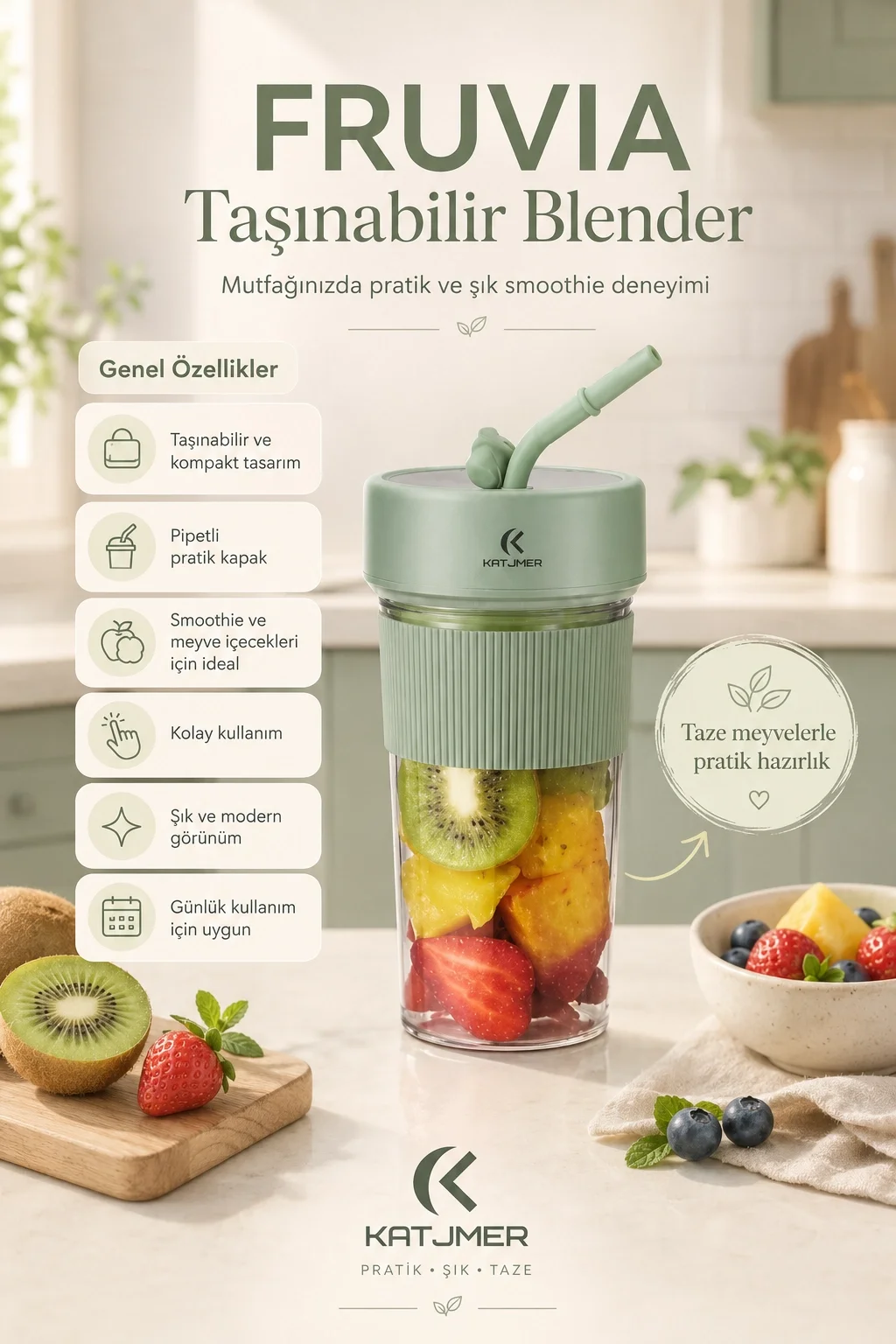 Pratik Kullanımlı Şarjlı Meyve Suyu Blenderı Kapaklı Pipetli Smoothie Hazneli