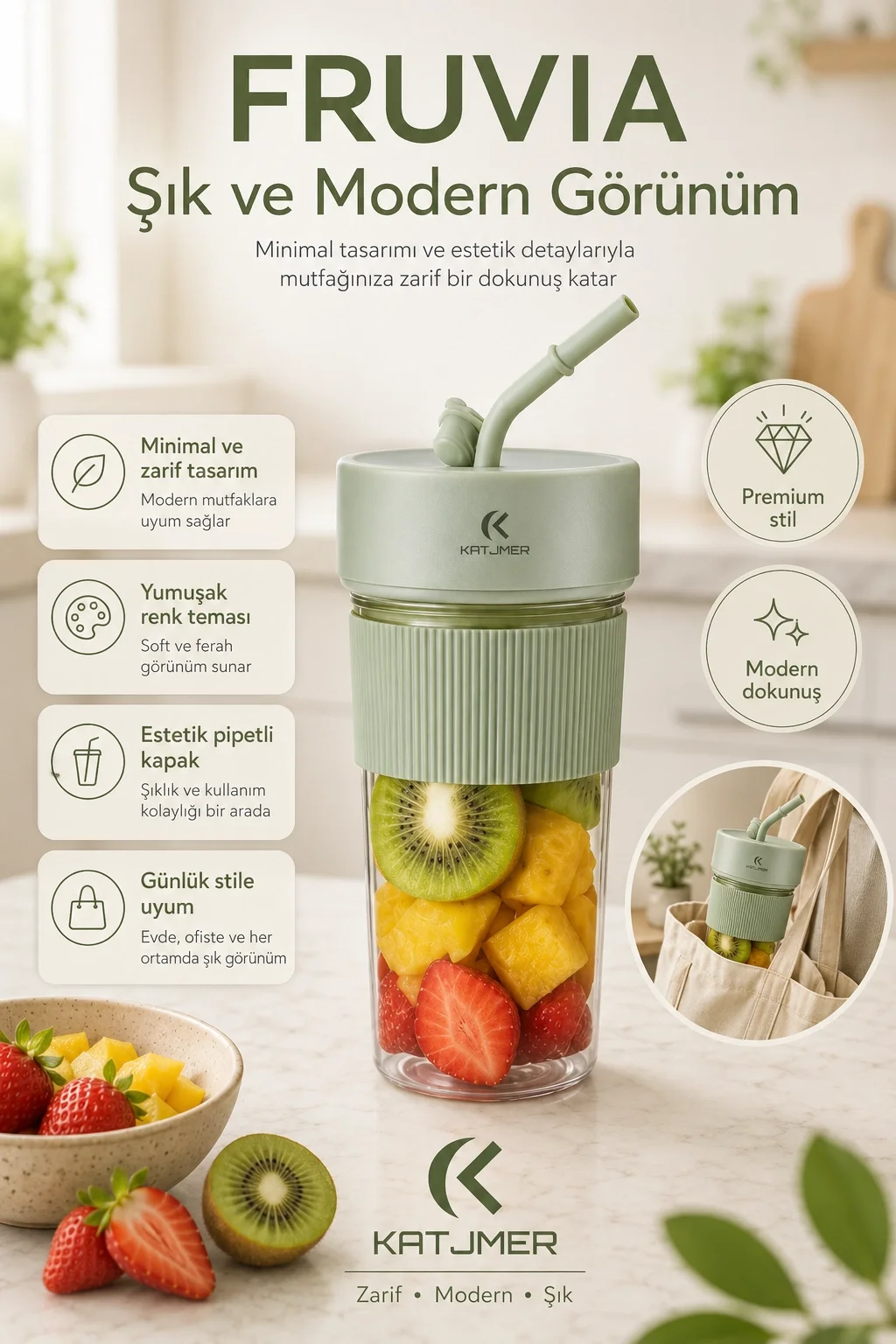 Pratik Kullanımlı Şarjlı Meyve Suyu Blenderı Kapaklı Pipetli Smoothie Hazneli