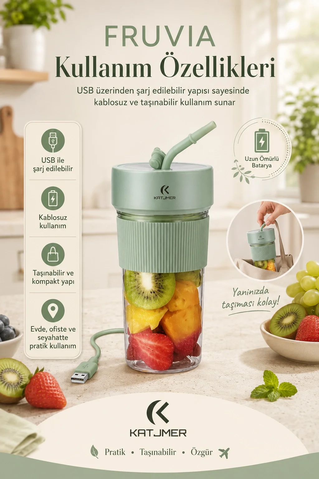 Pratik Kullanımlı Şarjlı Meyve Suyu Blenderı Kapaklı Pipetli Smoothie Hazneli