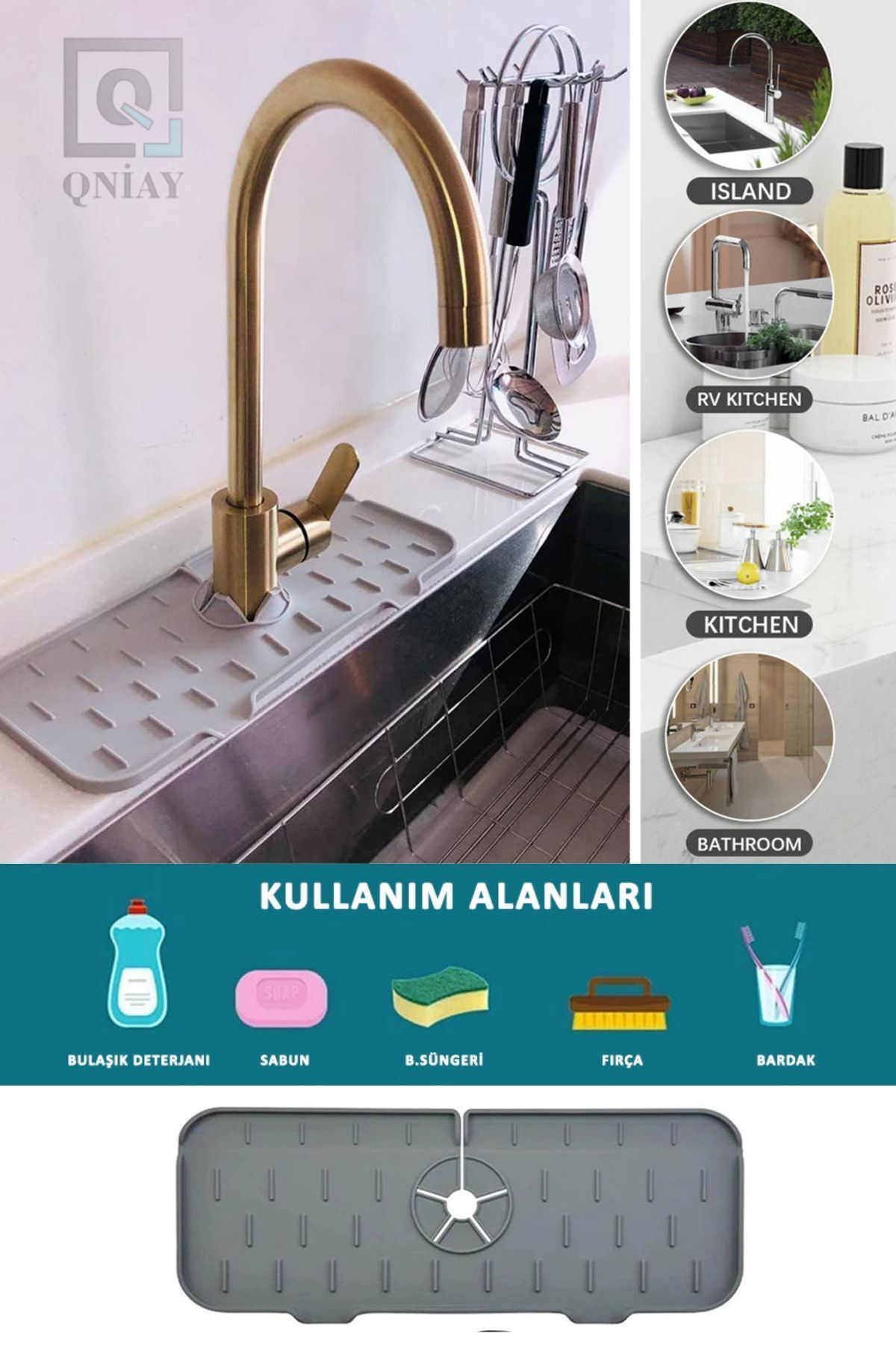 Pratik Musluk Lavabo Matı Gri Su Tutucu Musluk Matı Mutfak Banyo 