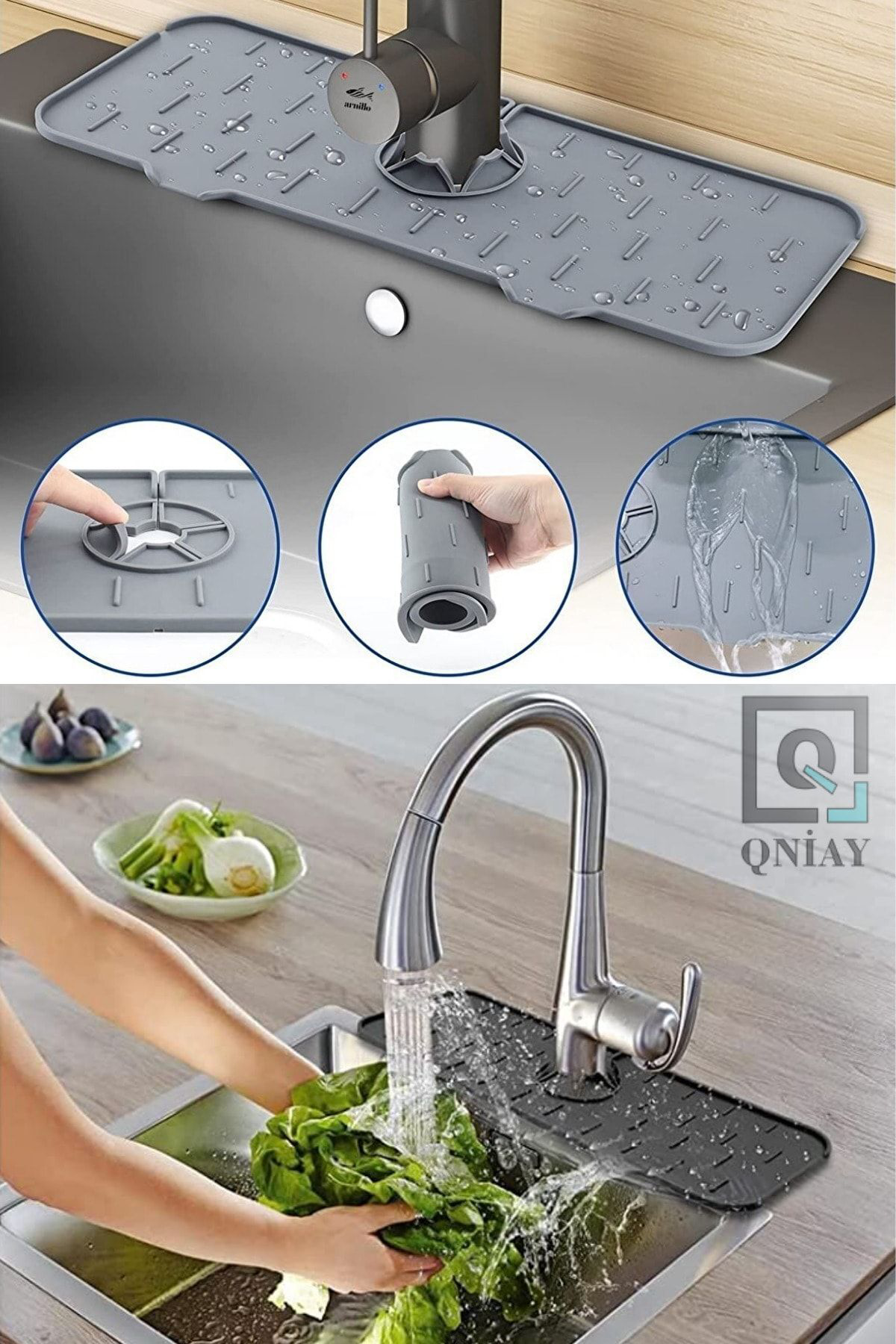 Pratik Musluk Lavabo Matı Gri Su Tutucu Musluk Matı Mutfak Banyo 