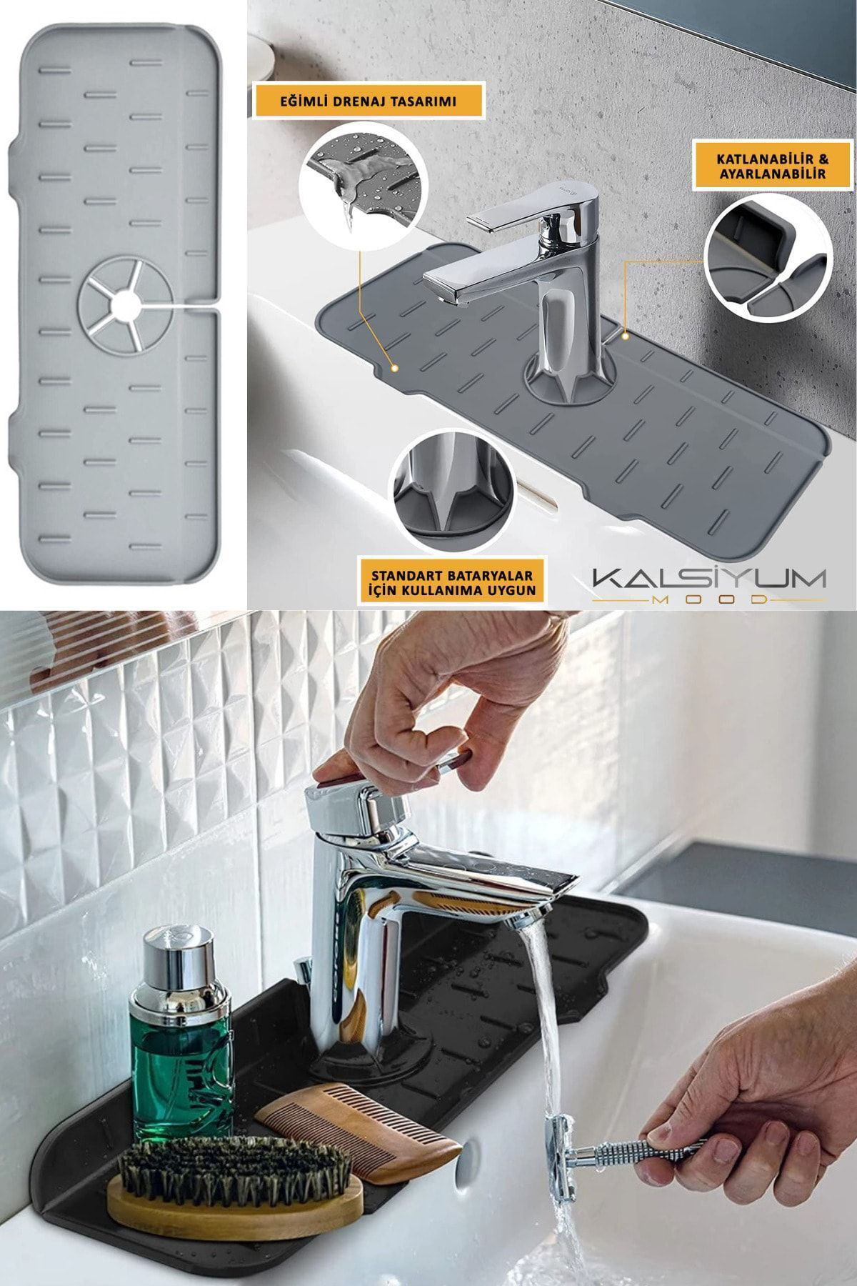 Pratik Musluk Lavabo Matı Gri Su Tutucu Musluk Matı Mutfak Banyo 