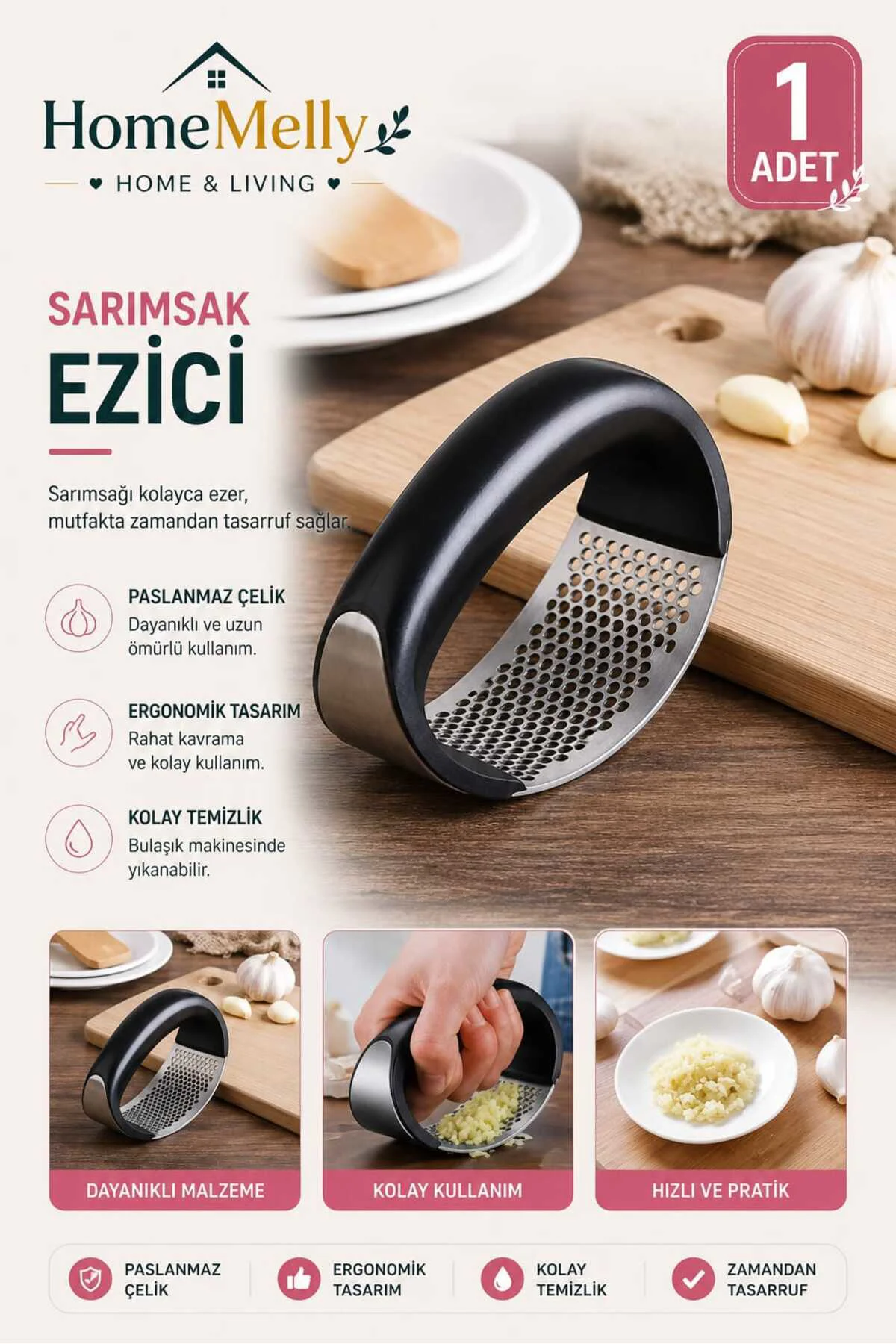 Pratik Sarımsak Ezici - Kolay Kullanımlı Sarımsak Rendeleyici, Paslanmaz Çelik, Mutfak Aksesuarı