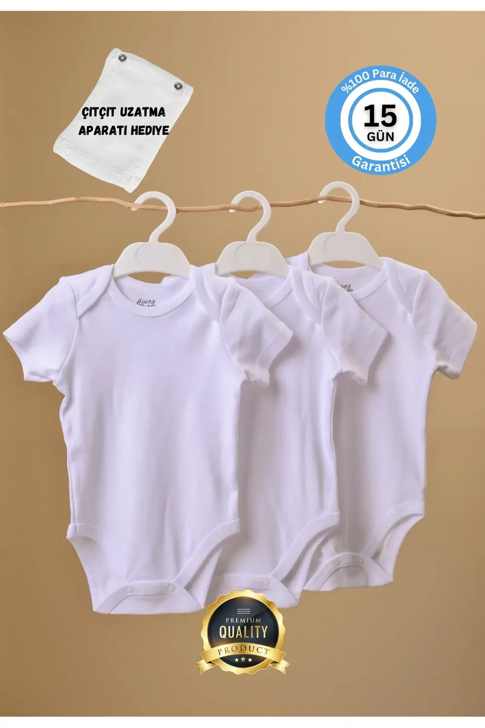 Premium %100 Organik Pamuk Ribana 3'lü Beyaz Kısa Kol Bebek Body