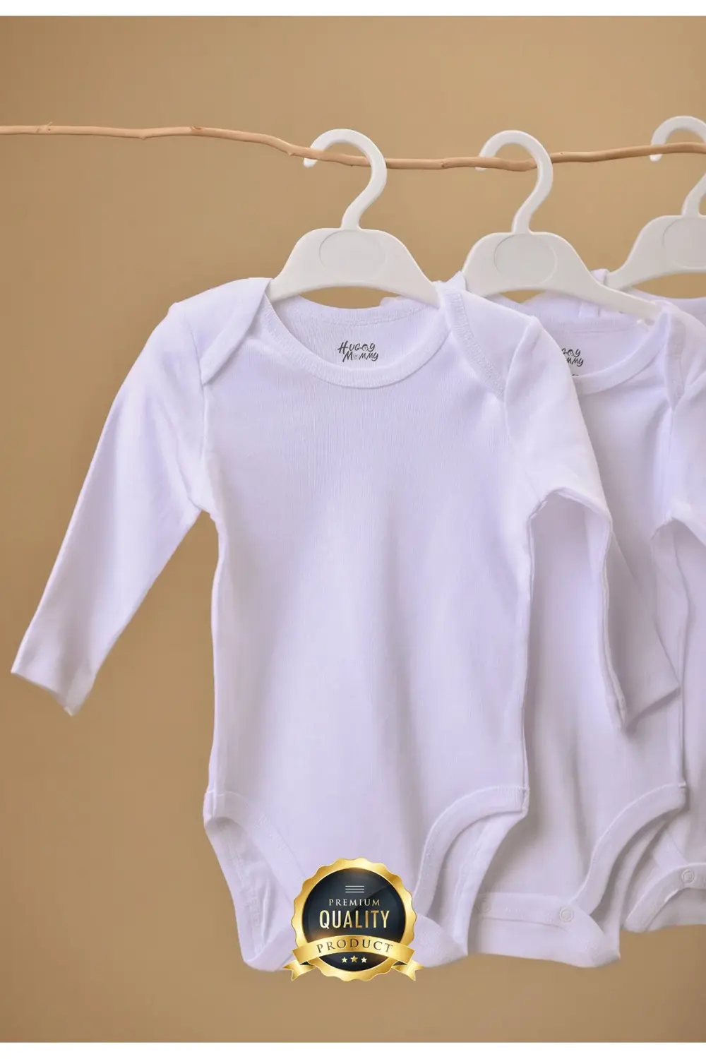 Premium %100 Organik Pamuk Ribana 3'lü Beyaz Uzun Kol Bebek Body