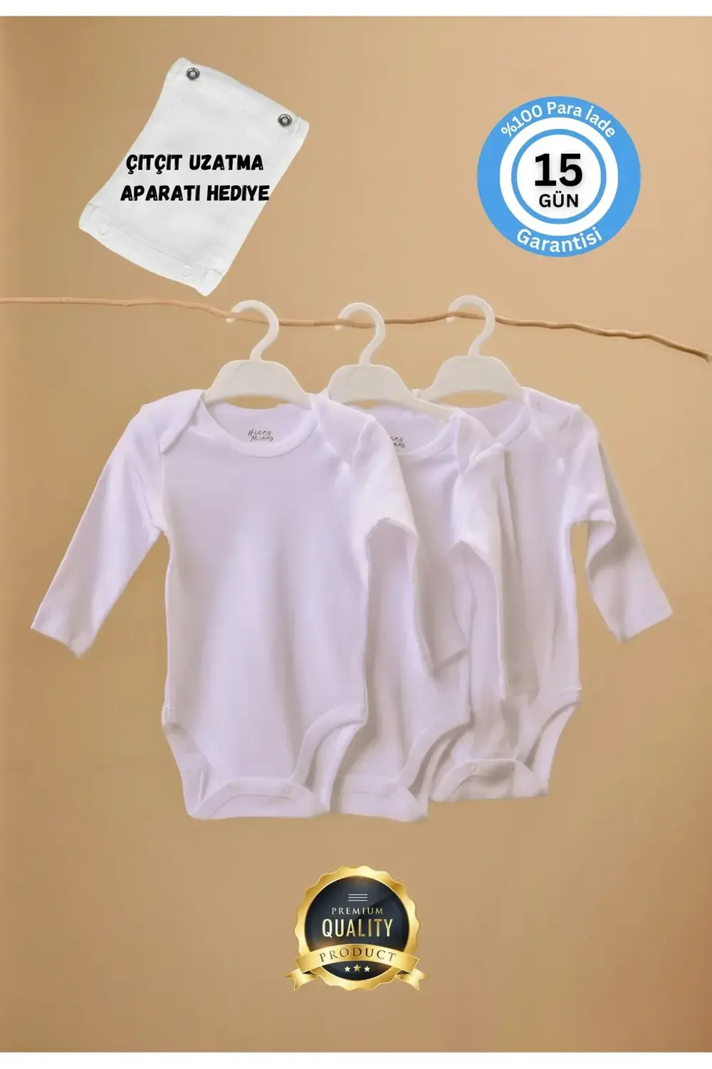 Premium %100 Organik Pamuk Ribana 3'lü Beyaz Uzun Kol Bebek Body