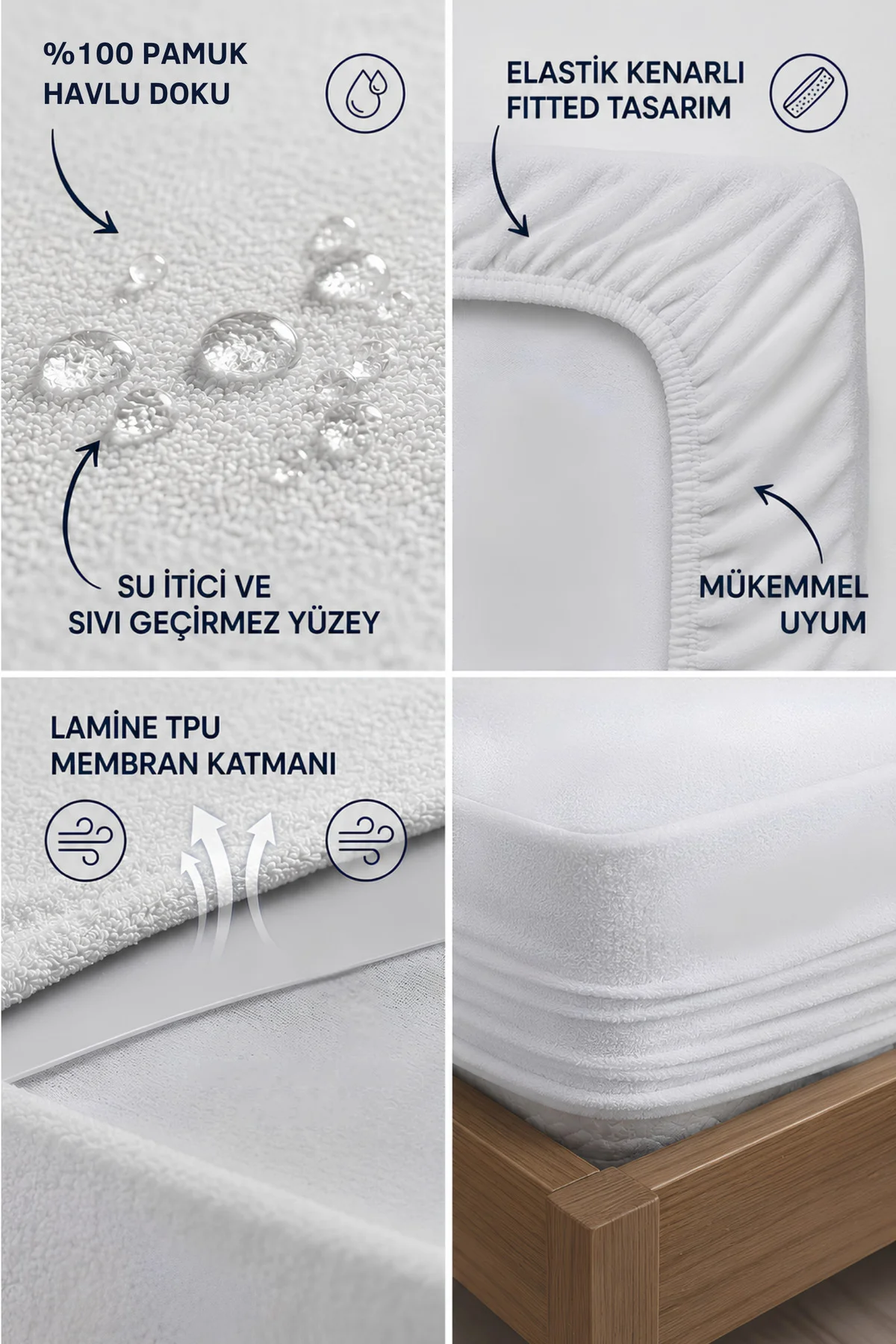 Premium %100 Pamuk Su Sıvı Geçirmez Fitted Yatak Koruyucu Alez Bebek Tek Çift Battal Boy Tüm Ölçüler