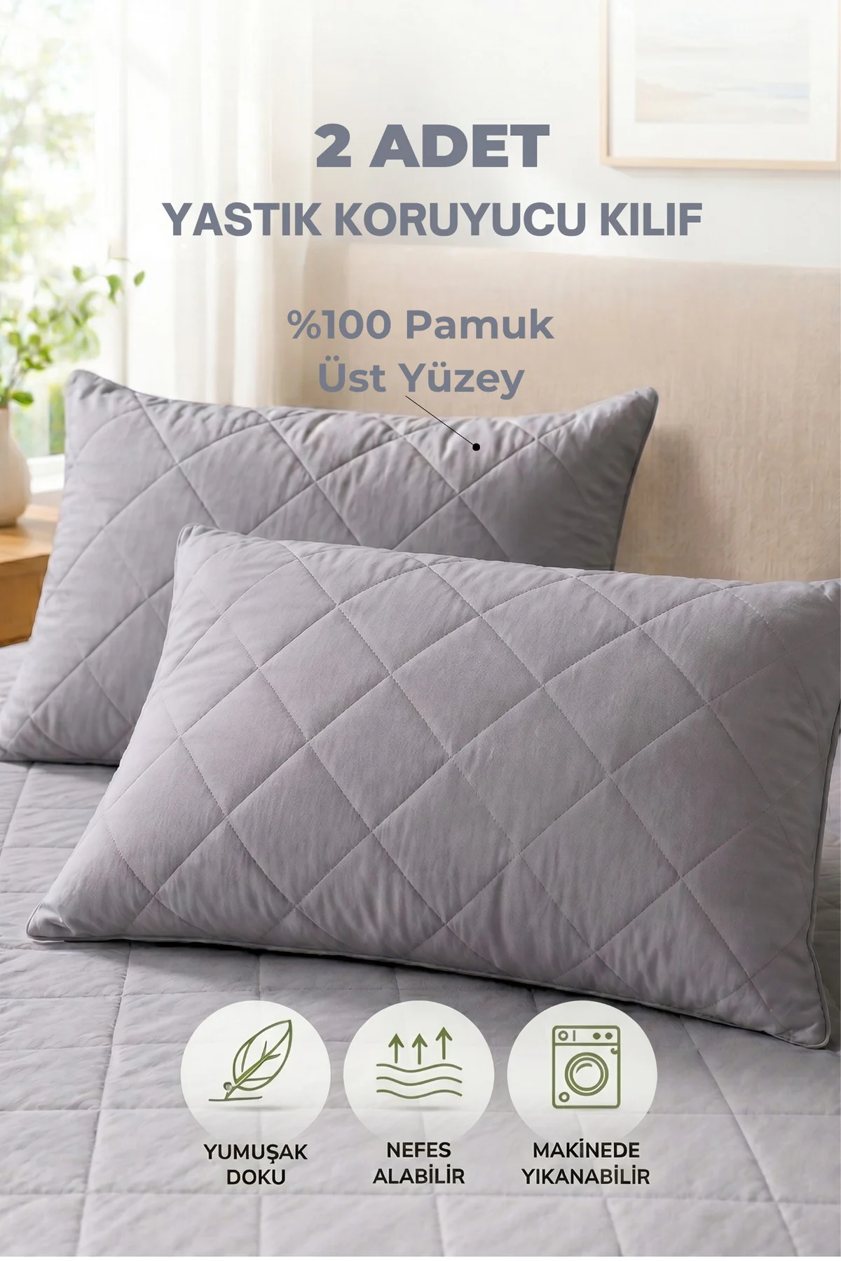 Premium 2 Adet Gri %100 Pamuk Kapitone Yastık Koruyucu Fermuarlı Yastık Alezi Kılıf Seti 50x70 cm