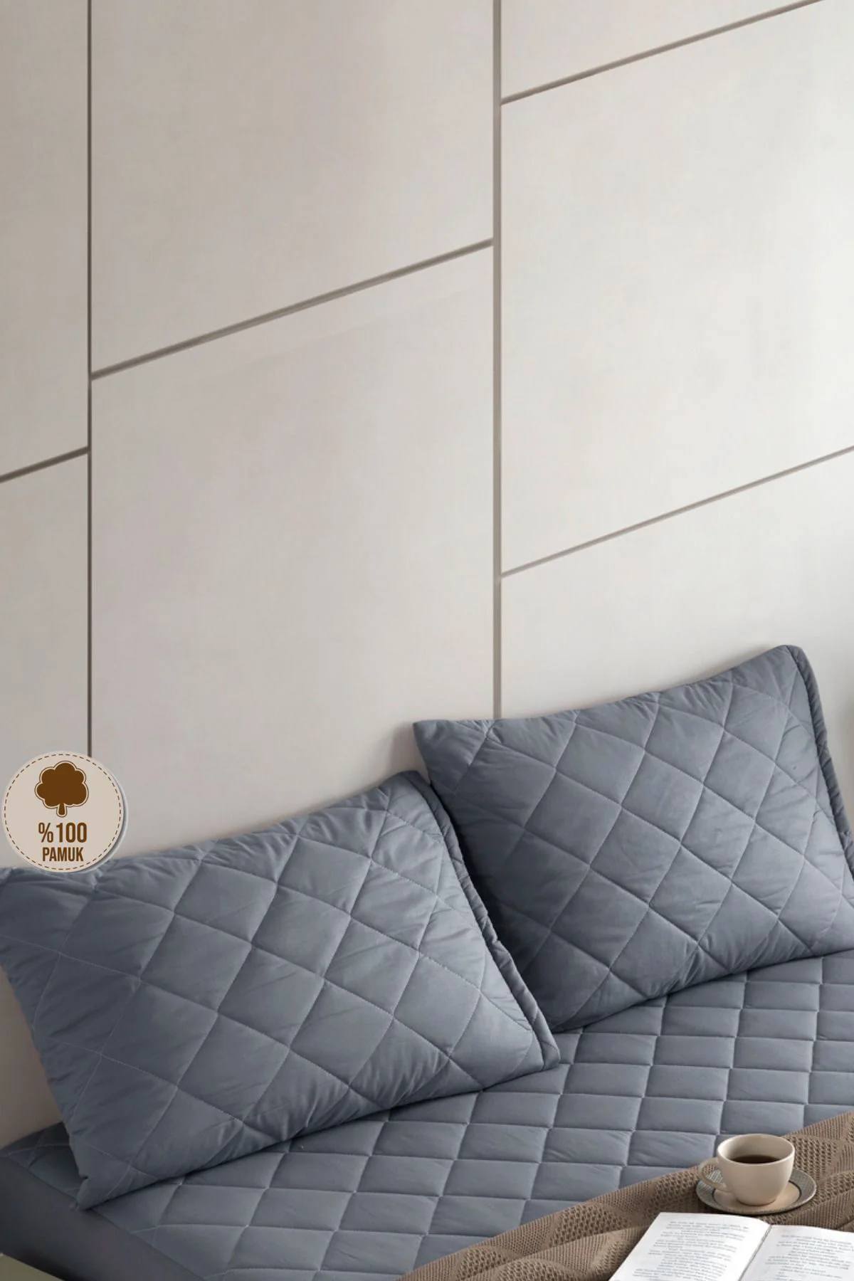 Premium 2 Adet Gri %100 Pamuk Kapitone Yastık Koruyucu Fermuarlı 