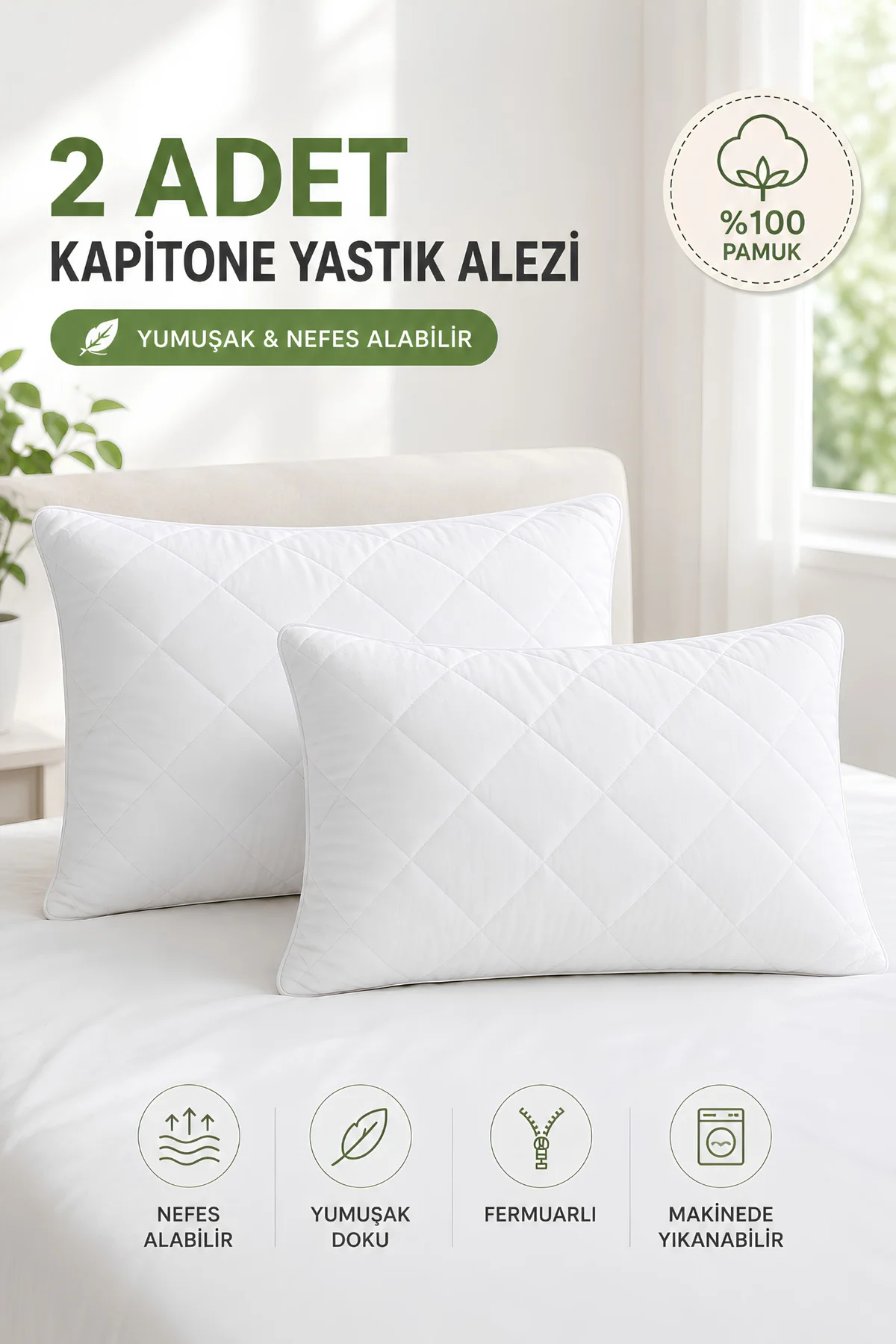 Premium 2'li %100 Pamuk Kapitoneli Yastık Koruyucu Yastık Alezi 50x70 cm