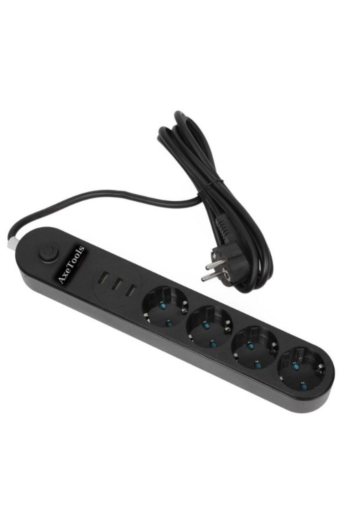 Premium 4'lü Priz 3 Port USB Çoklu Grup Priz 2 Metre Kablo 10A Ak