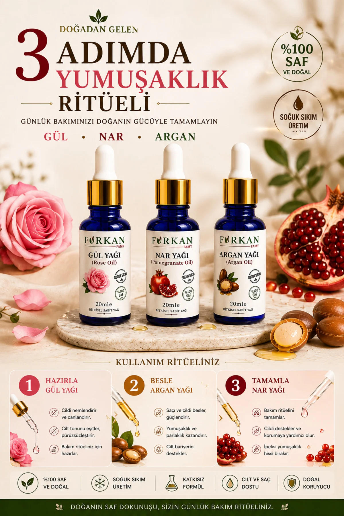 Premium Bakım Yağları 3'lü Set (Gül/Argan/Nar)