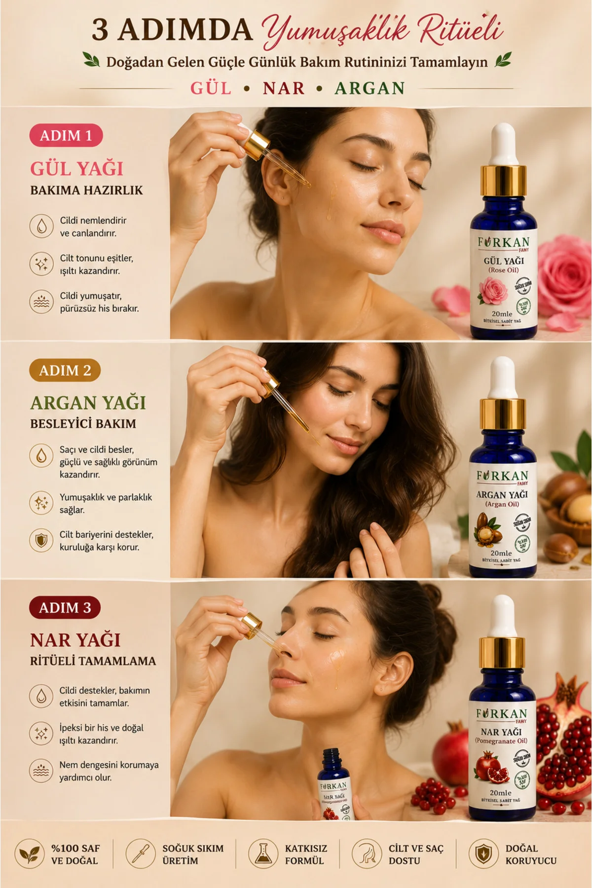Premium Bakım Yağları 3'lü Set (Gül/Argan/Nar)