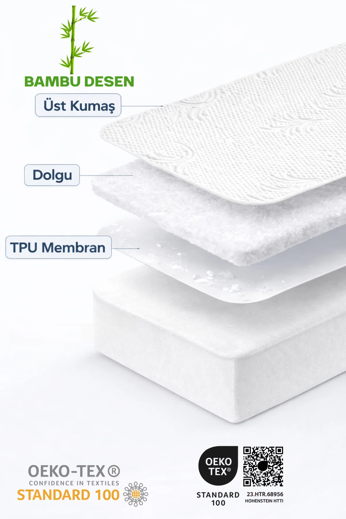 Premium Bambu Desen Su Sıvı Geçirmez Fitted Alez Bambu Sessiz Yatak Koruyucu Alez