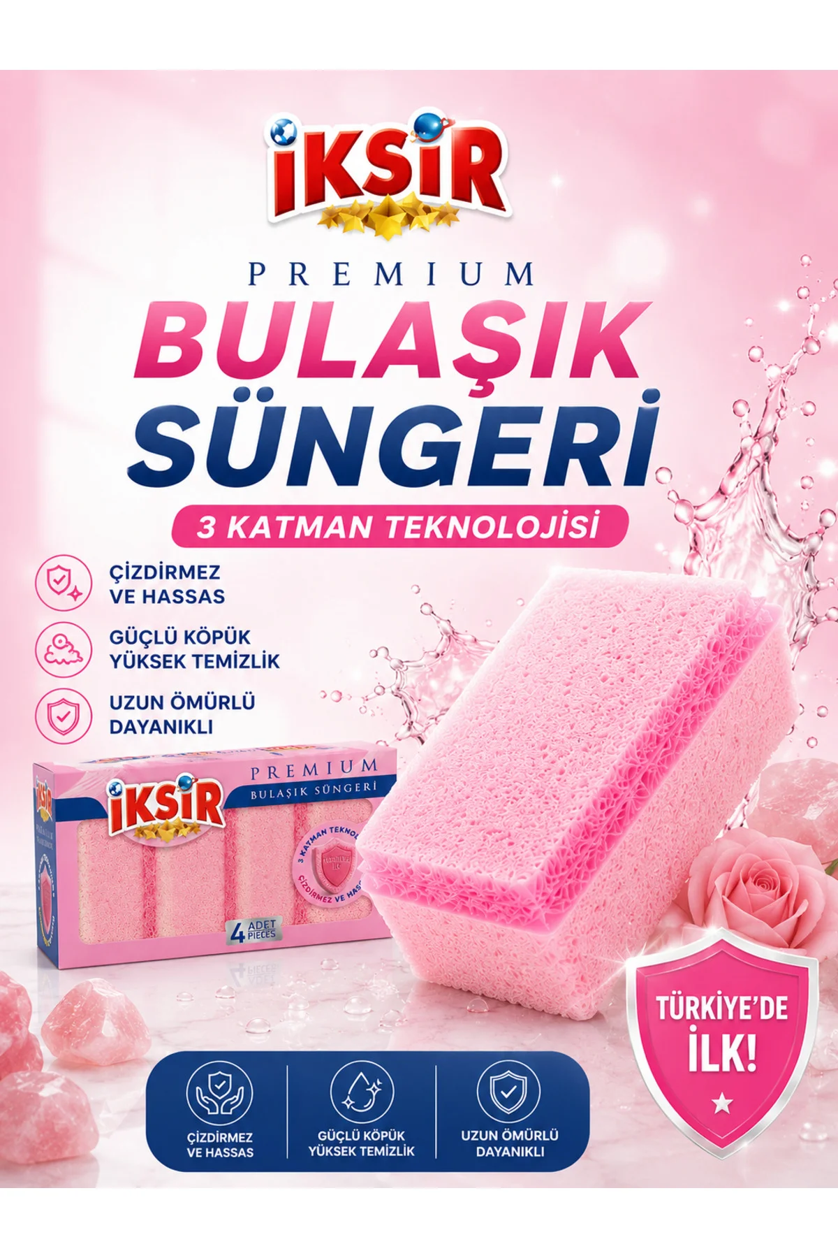 Premium Bulaşık Süngeri 4’lü Paket Pembe Çizdirmez Hassas Yüzey Temizlik Süngeri Fiyatı, Yorumları ve Özellikleri