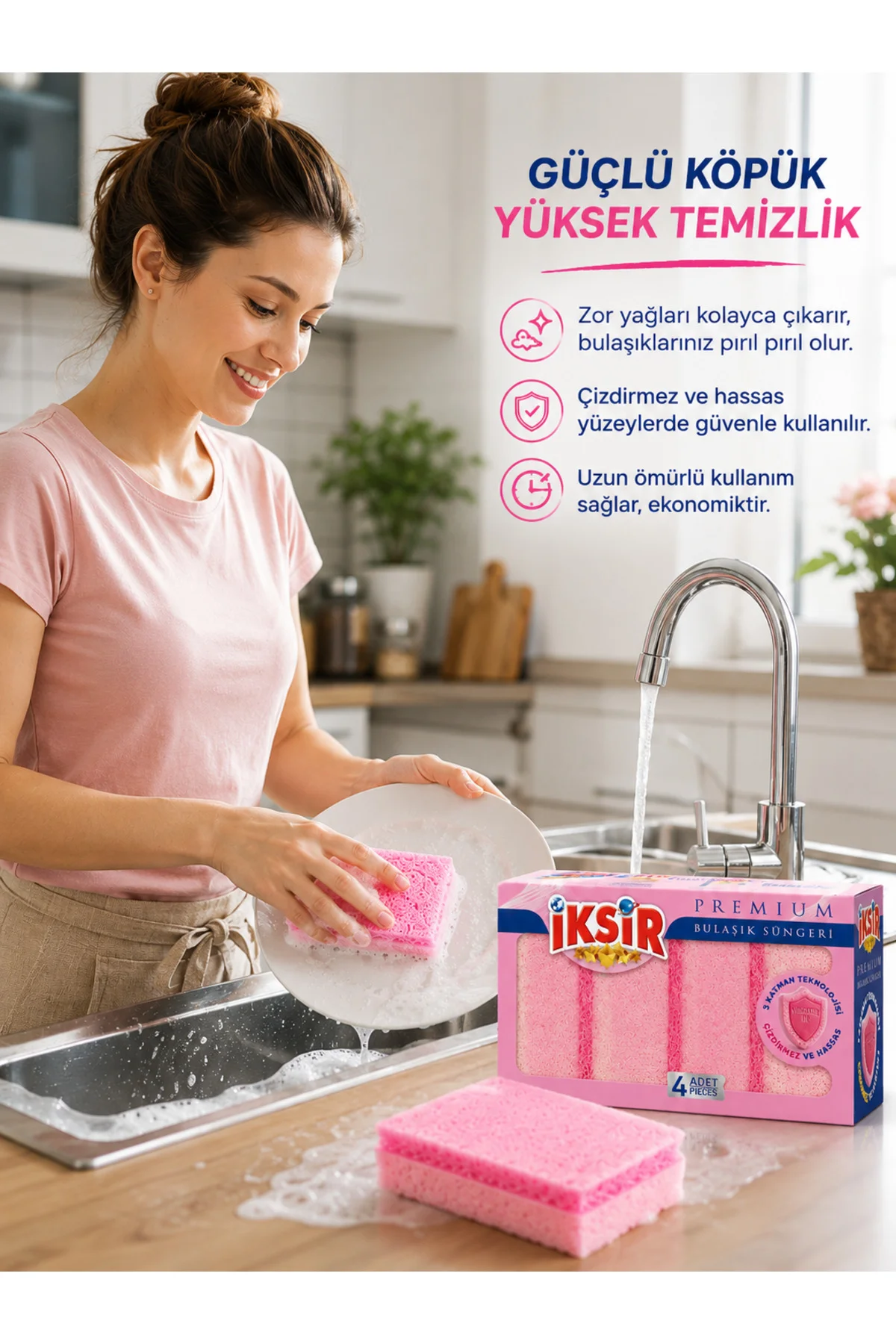 Premium Bulaşık Süngeri 4’lü Paket Pembe Çizdirmez Hassas Yüzey Temizlik Süngeri Fiyatı, Yorumları ve Özellikleri