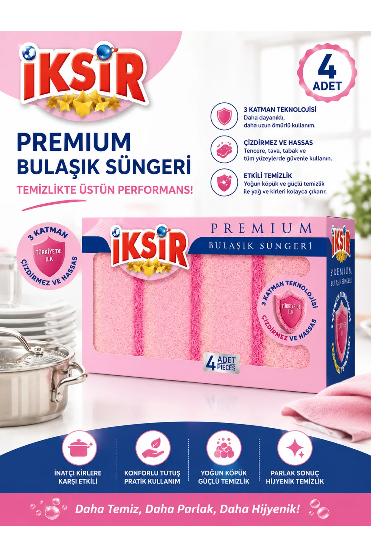 Premium Bulaşık Süngeri 4’lü Paket Pembe Çizdirmez Hassas Yüzey Temizlik Süngeri Fiyatı, Yorumları ve Özellikleri