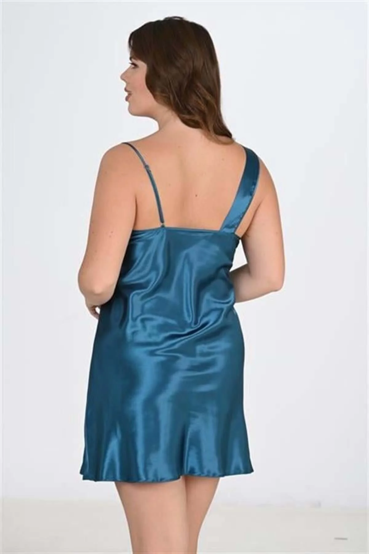 Premium Büyük Beden Saten Petrol 2'li Gecelik Sabahlık Takımı Bigsize - SSSSSS9142-7031 - Görsel 3