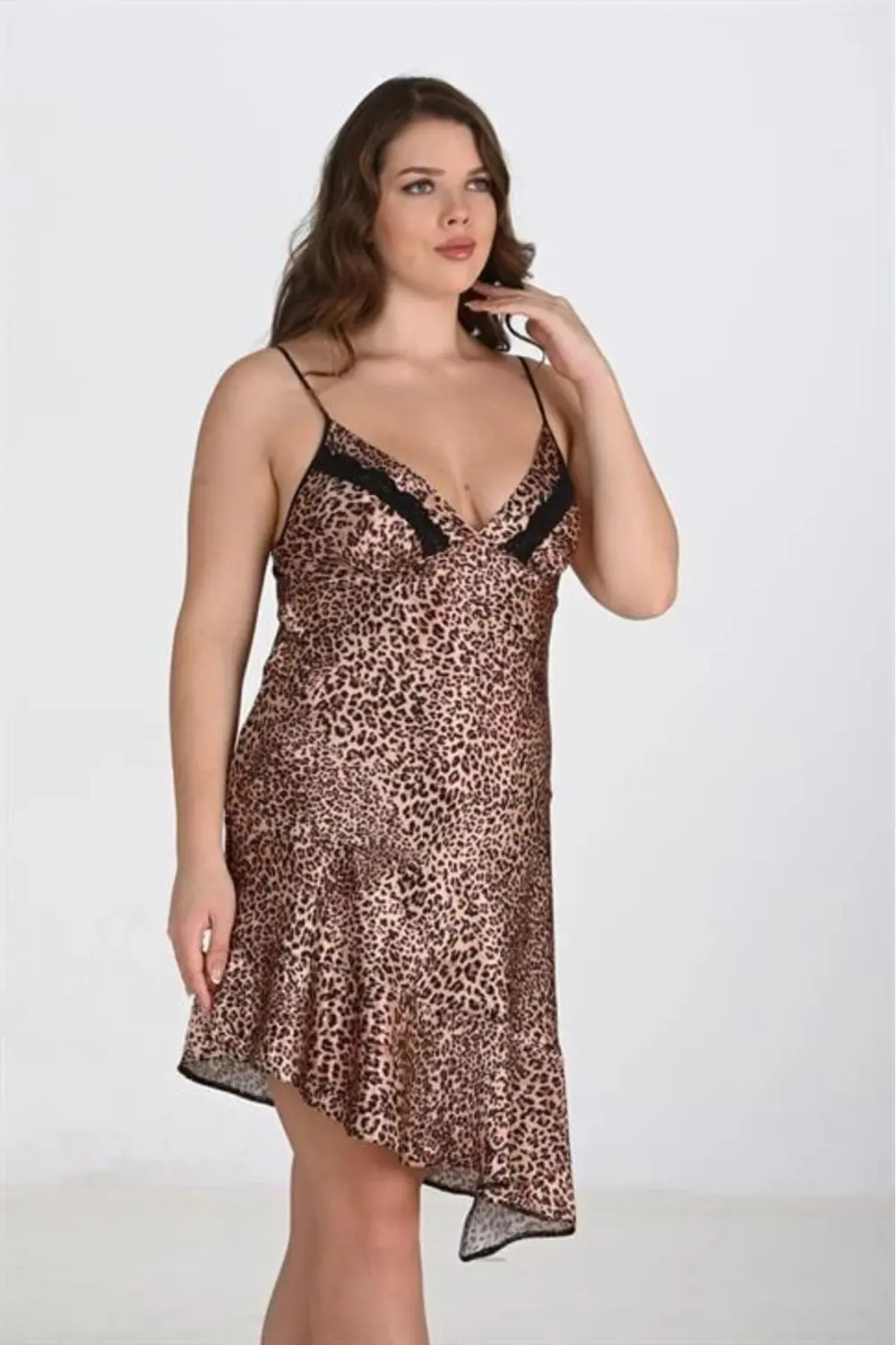 Premium Büyük Beden Saten Leopar Gecelik Bigsize