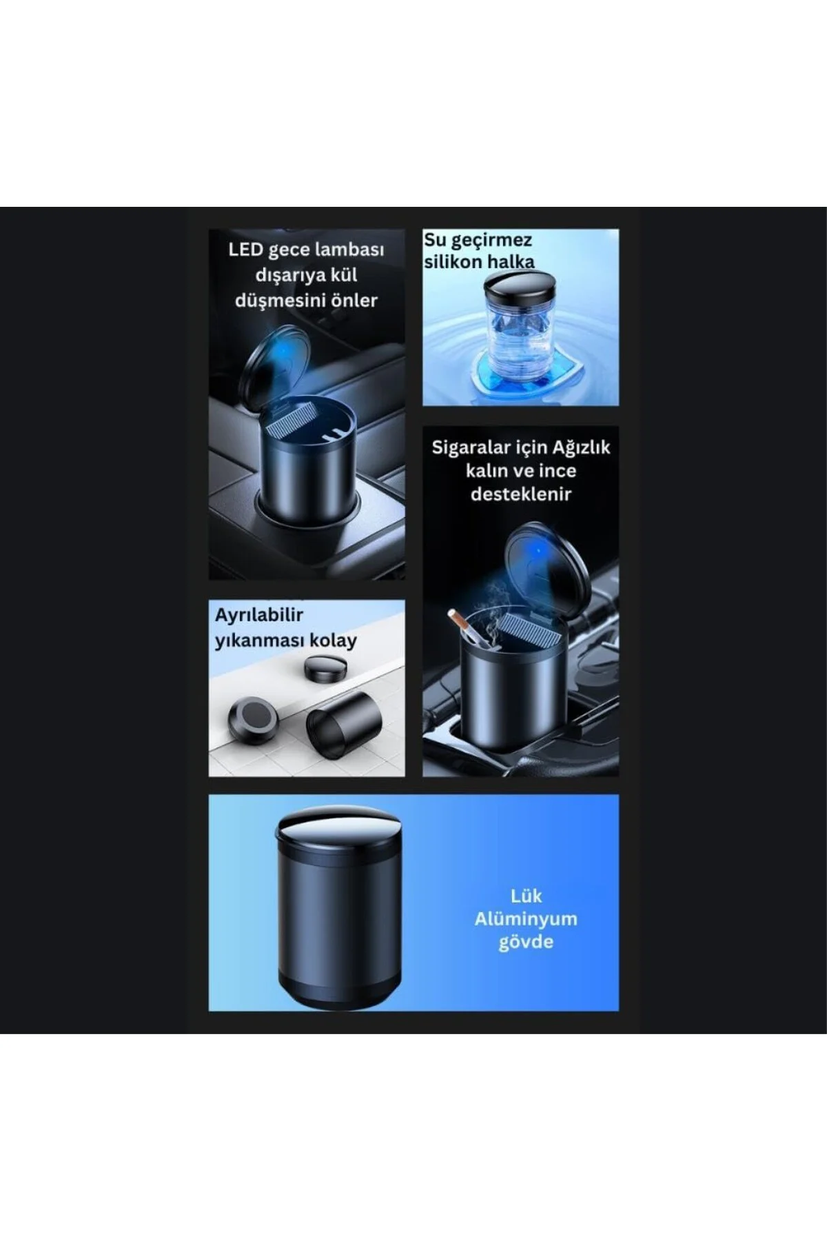 Premium Car Ashtray Led Işıklı Alüminyum Taşınabilir Kapaklı Arab