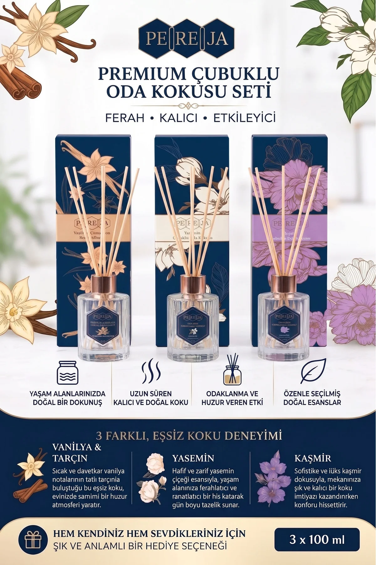 Premium Çubuklu Oda Kokusu Seti Vanilya Yasemin Kaşmir 3x100 ml
