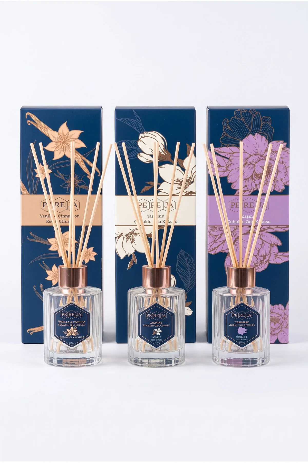 Premium Çubuklu Oda Kokusu Seti Vanilya Yasemin Kaşmir 3x100 ml