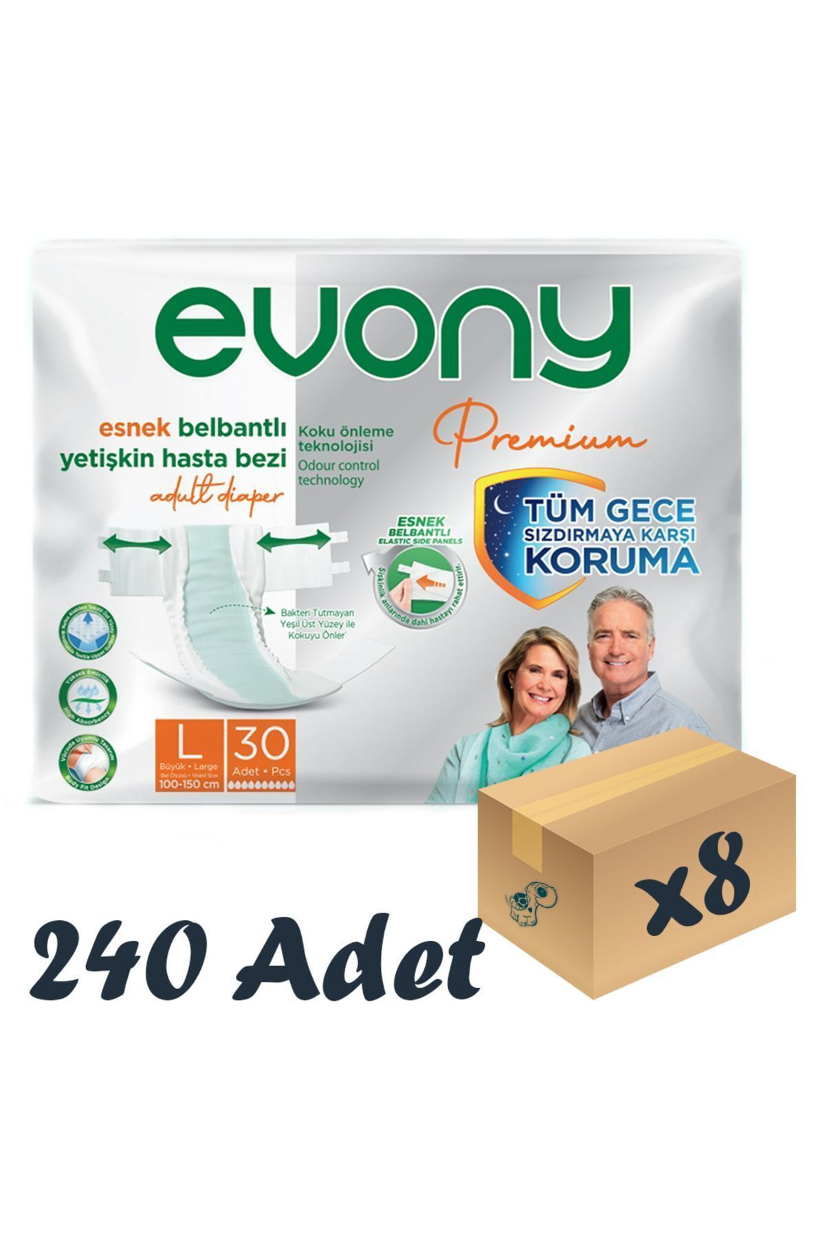 Evony Premium Esnek Belbantlı Yetişkin Hasta Bezi Large 30’Lu 8 Paket 2