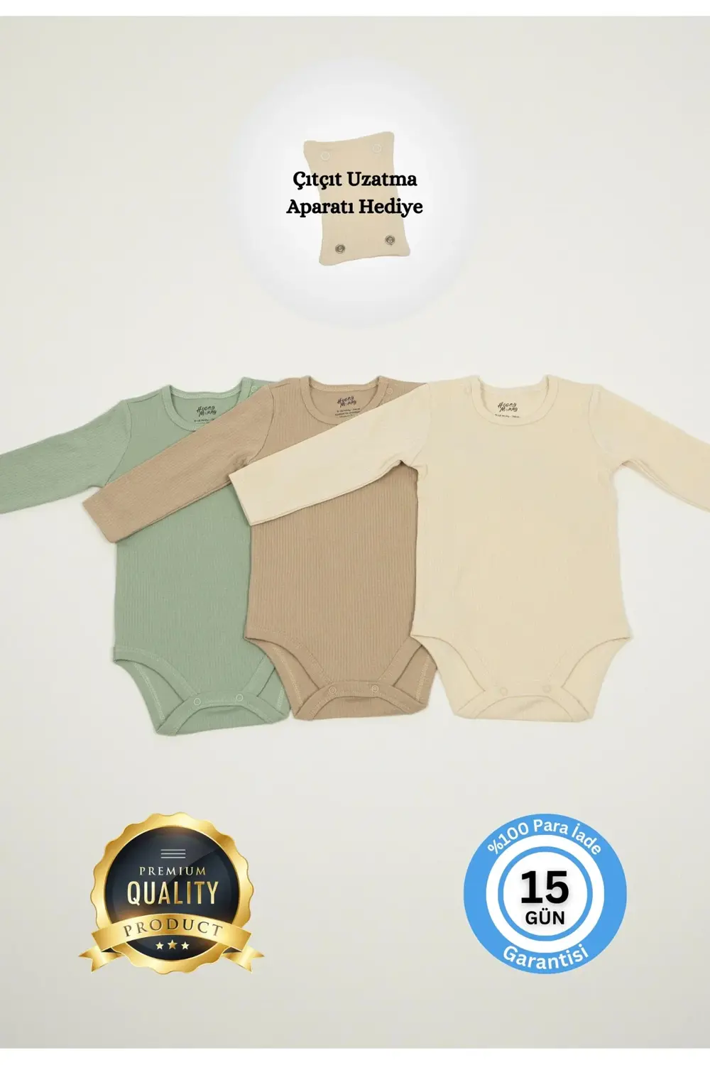 Premium Fitilli Kumaş %100 Organik Pamuk 3'lü Erkek Bebek Uzun Ko