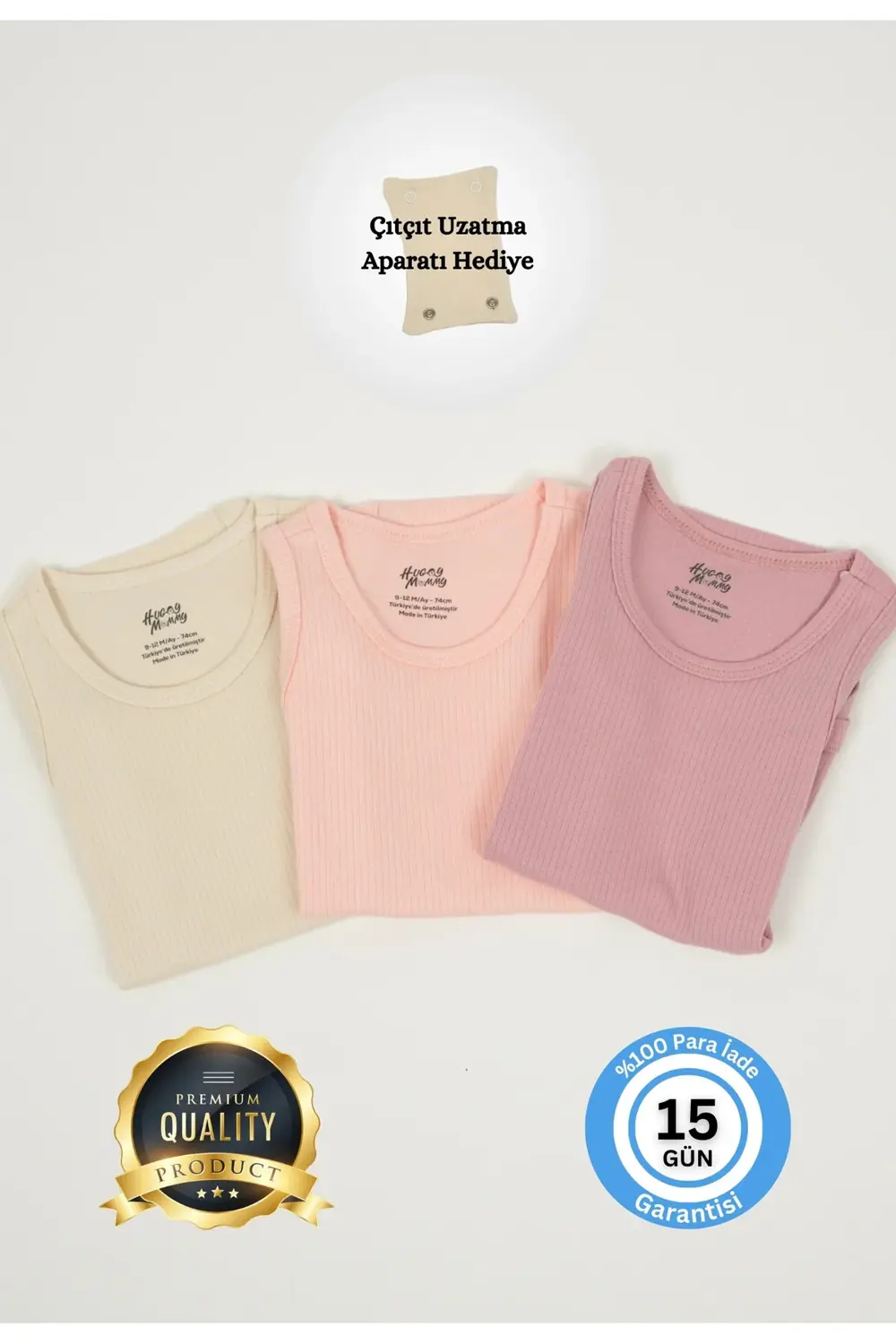 Premium Fitilli Kumaş %100 Organik Pamuk 3'lü Kız Bebek Atlet Bod