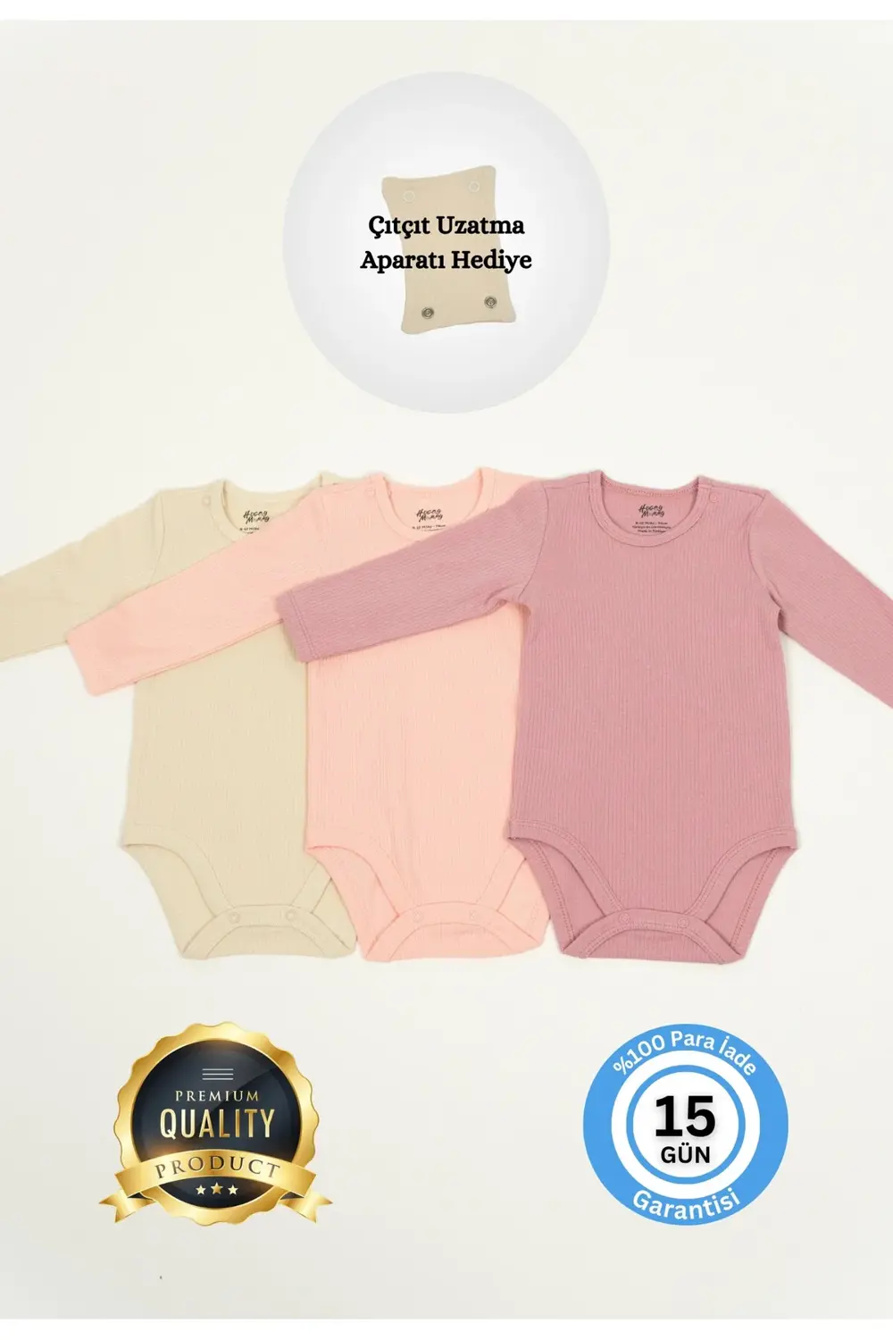 Premium Fitilli Kumaş %100 Organik Pamuk 3'lü Kız Bebek Uzun Kol