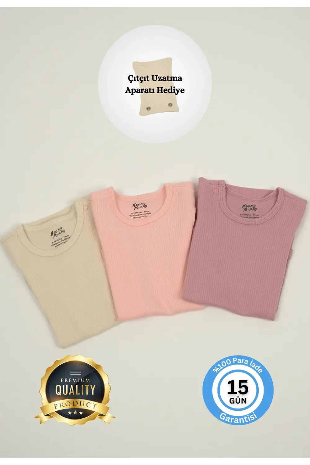 Premium Fitilli Kumaş %100 Organik Pamuk 3'lü Kız Bebek Uzun Kol