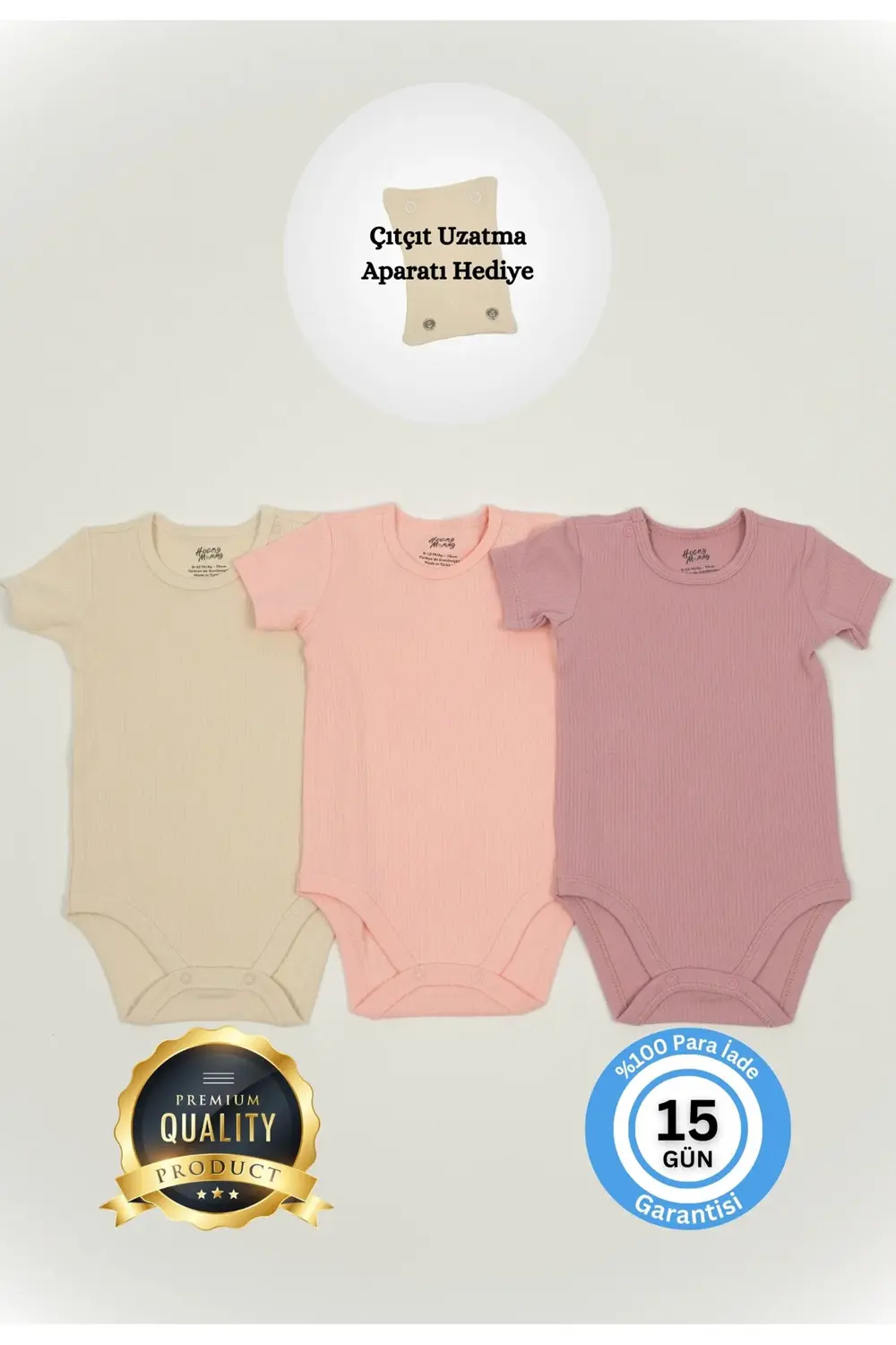 Premium Fitilli Kumaş %100 Organik Pamuk 3'lü Kız Bebek Kısa Kol