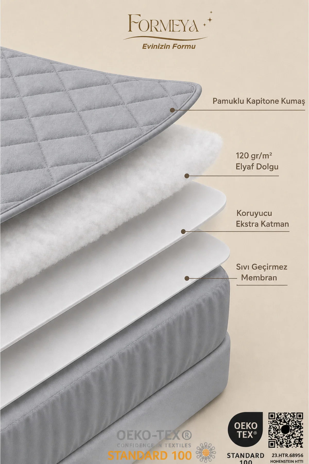 Premium Gri %100 Pamuk Kapitone Fitted Full Kenar Su Sıvı Geçirmez Yatak Koruyucu Alez Tüm Ölçüler