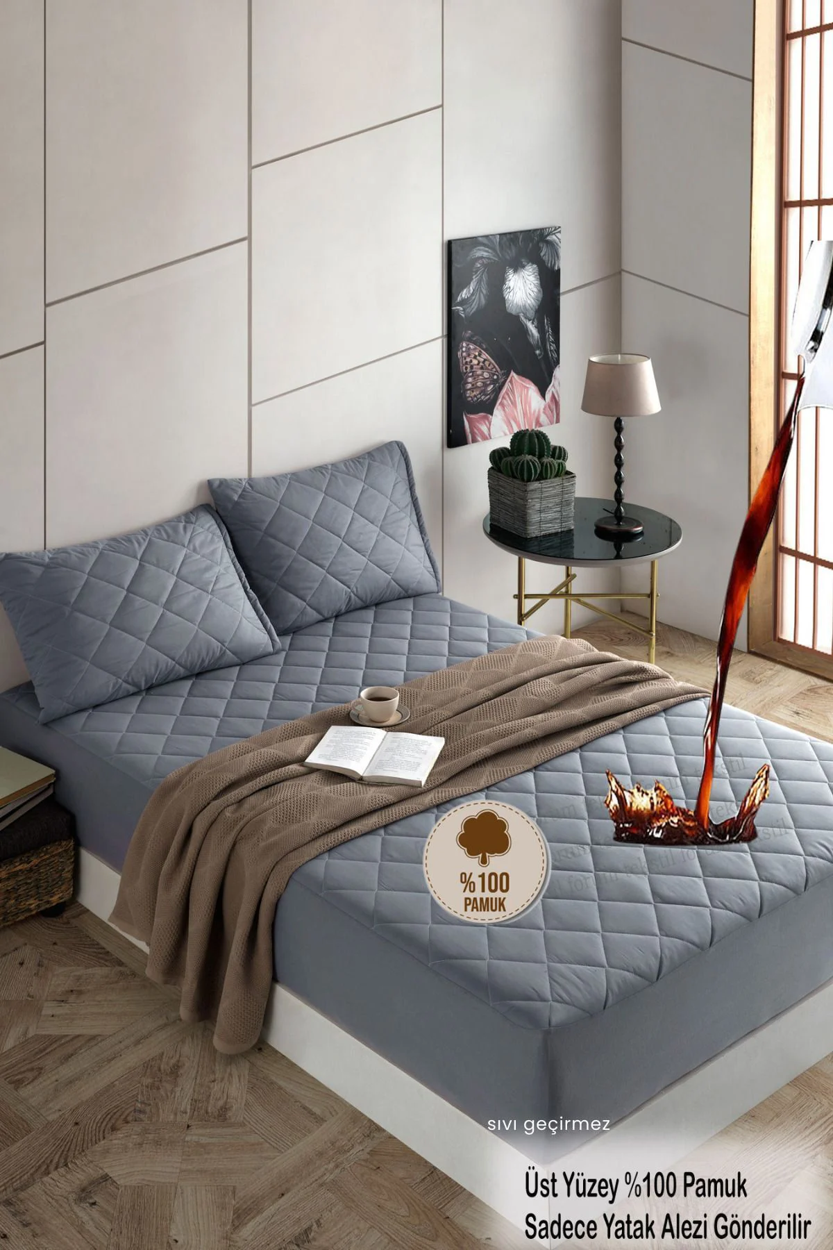 Premium Gri %100 Pamuk Kapitone Fitted Full Kenar Su Sıvı Geçirme